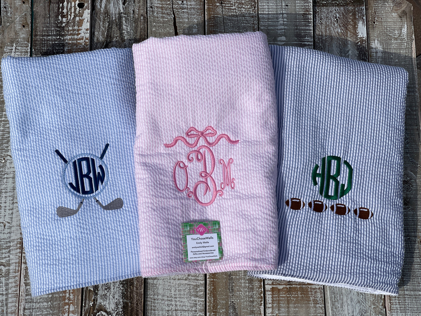 Custom Embroidered, Personalized, Monogrammed Seersucker Towel and Seersucker Puddle Jumper