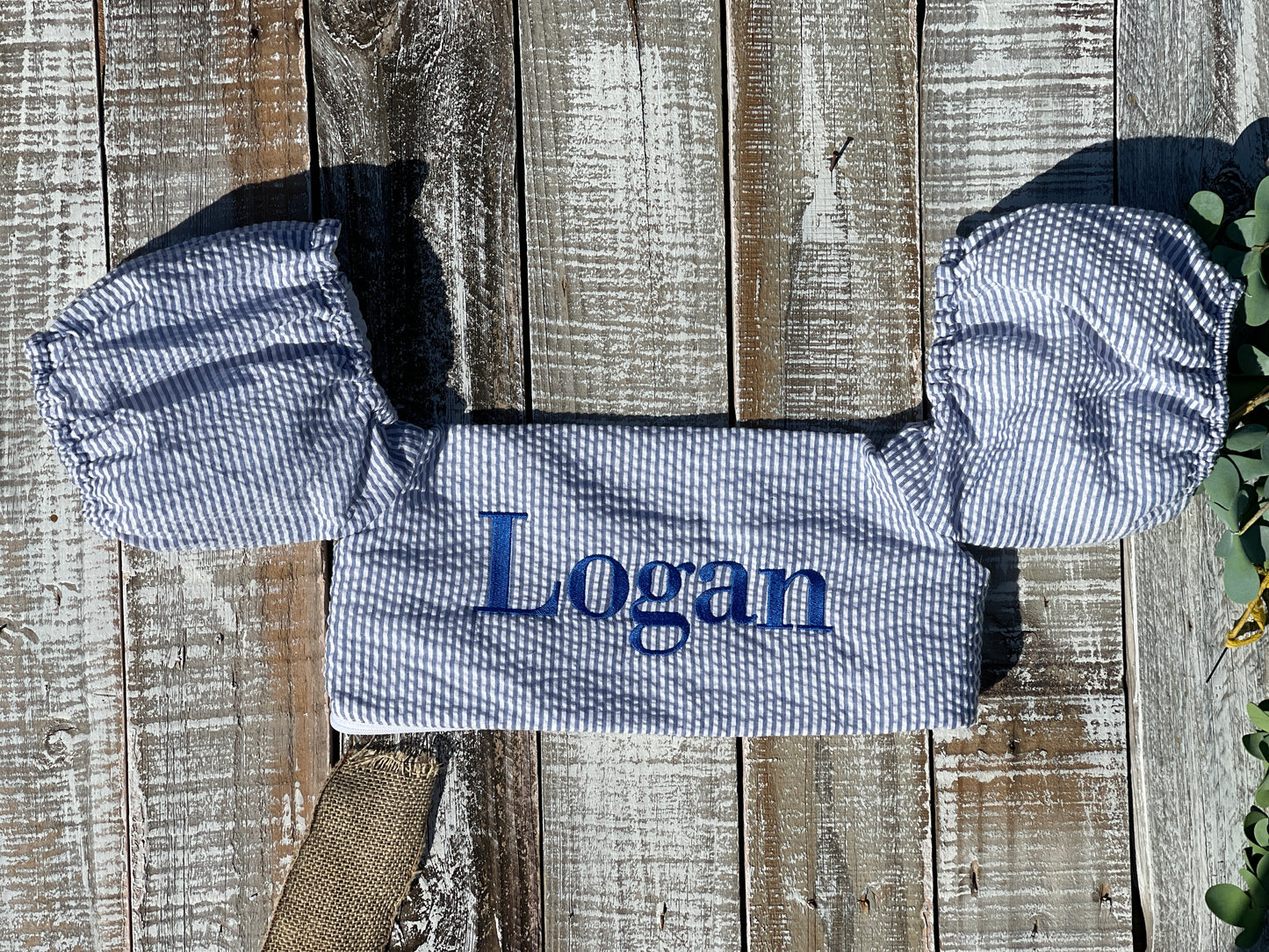 Custom Embroidered, Personalized, Monogrammed Seersucker Towel and Seersucker Puddle Jumper