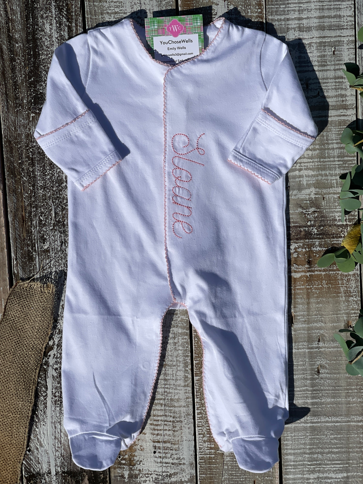 Custom Embroidered, Personalized, Monogrammed Picot Baby Footie, Bib, Burp, Hat, and Blanket