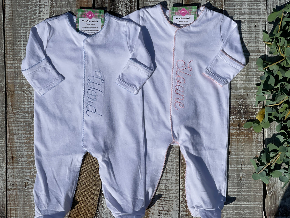 Custom Embroidered, Personalized, Monogrammed Picot Baby Footie, Bib, Burp, Hat, and Blanket