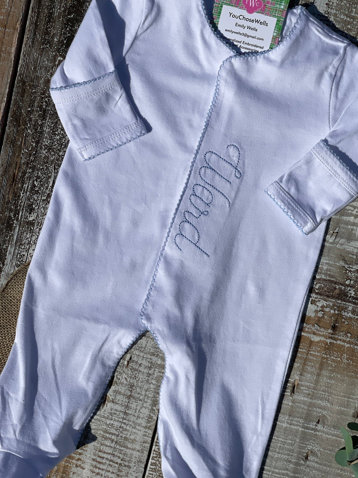 Custom Embroidered, Personalized, Monogrammed Picot Baby Footie, Bib, Burp, Hat, and Blanket