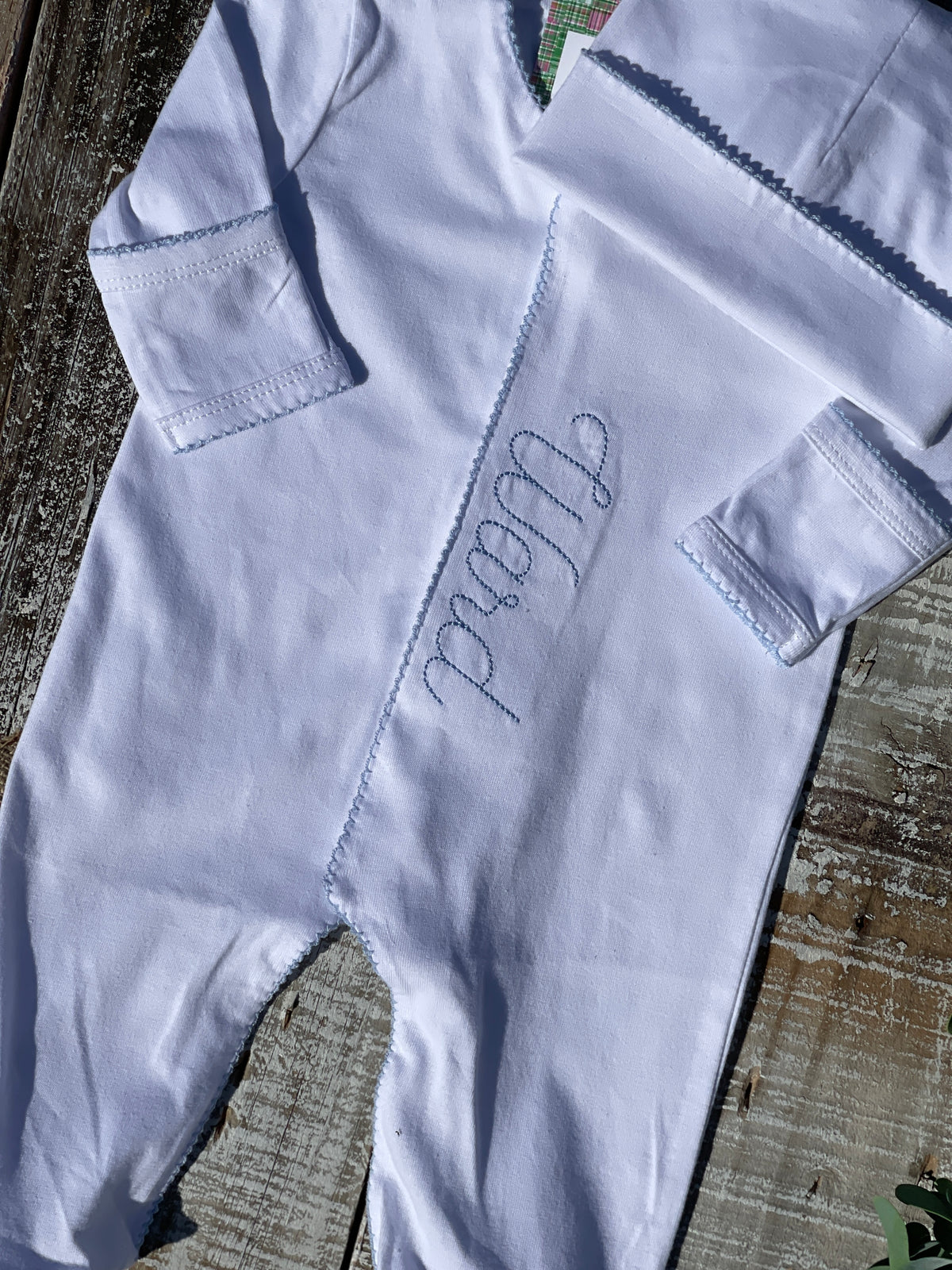 Custom Embroidered, Personalized, Monogrammed Picot Baby Footie, Bib, Burp, Hat, and Blanket