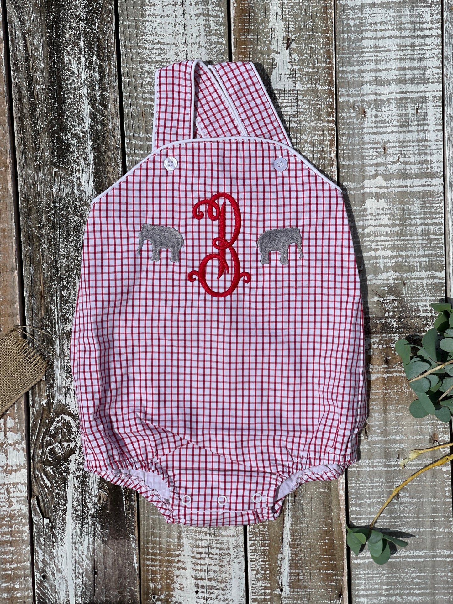 Custom Embroidered, Monogrammed Elephant Windowpane Bubble, Polo Shirt and Short Set, and Polo Shirt and Bloomer Set
