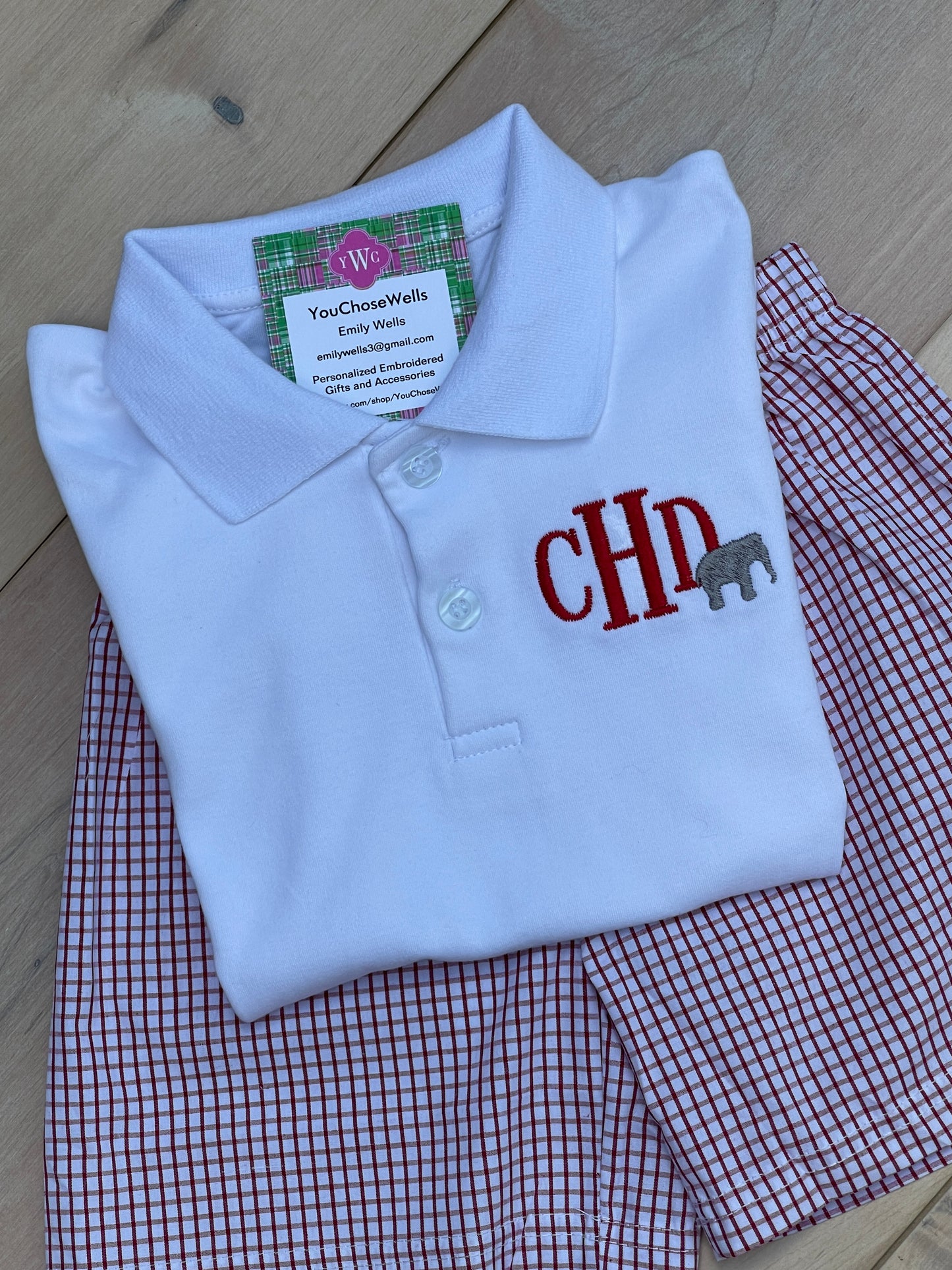 Custom Embroidered, Monogrammed Elephant Windowpane Bubble, Polo Shirt and Short Set, and Polo Shirt and Bloomer Set