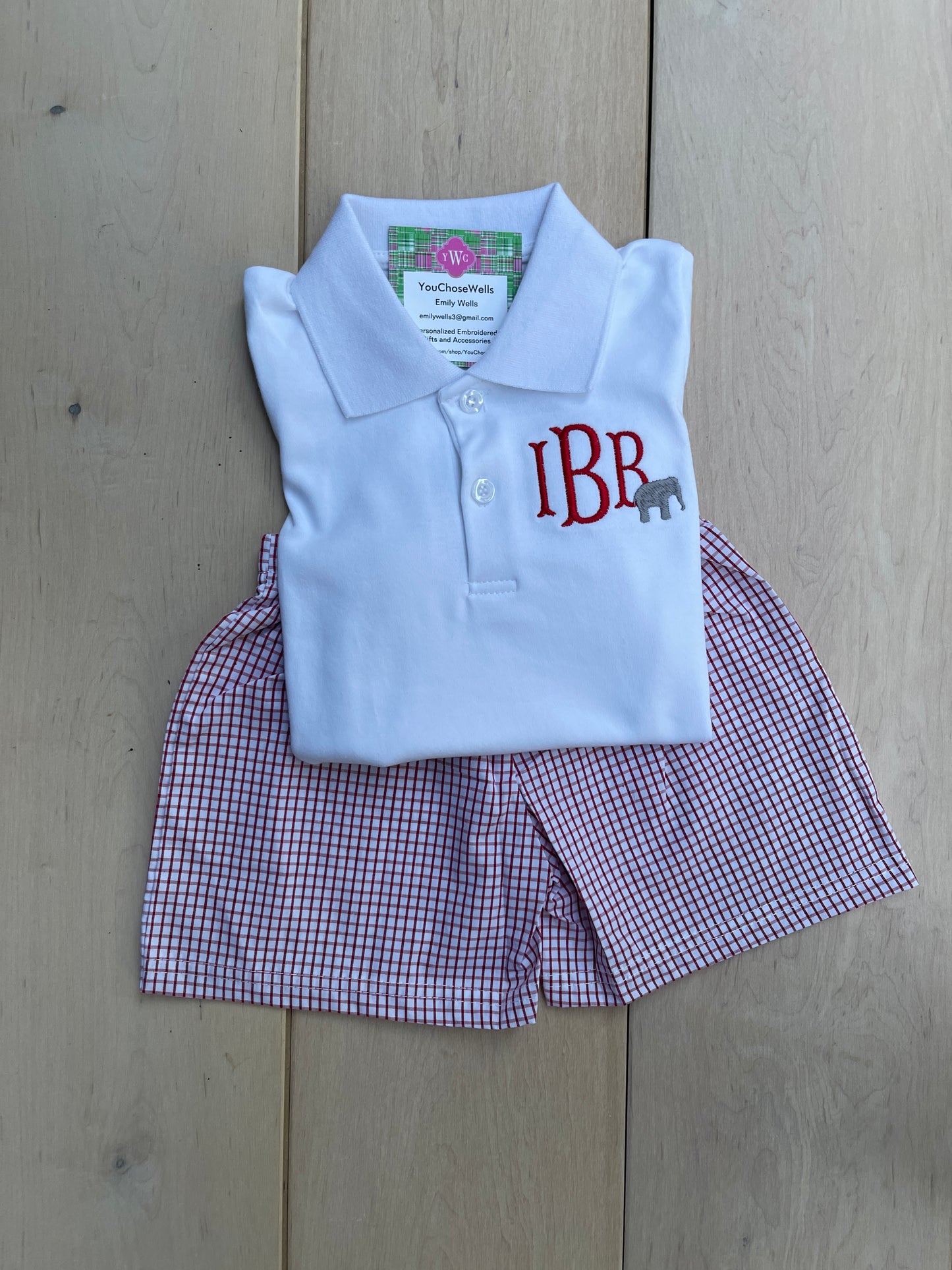 Custom Embroidered, Monogrammed Elephant Windowpane Bubble, Polo Shirt and Short Set, and Polo Shirt and Bloomer Set