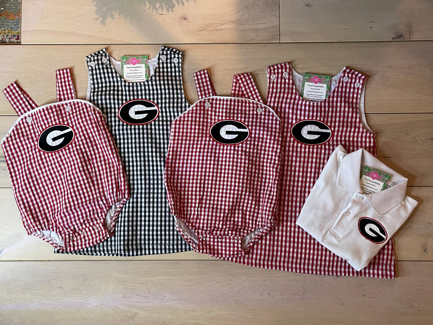 Custom Embroidered, Personalized Game Day G or Bulldog Red Gingham Bubble, Jon Jon, Jumper Dress, and Polo Shirt and Short Set