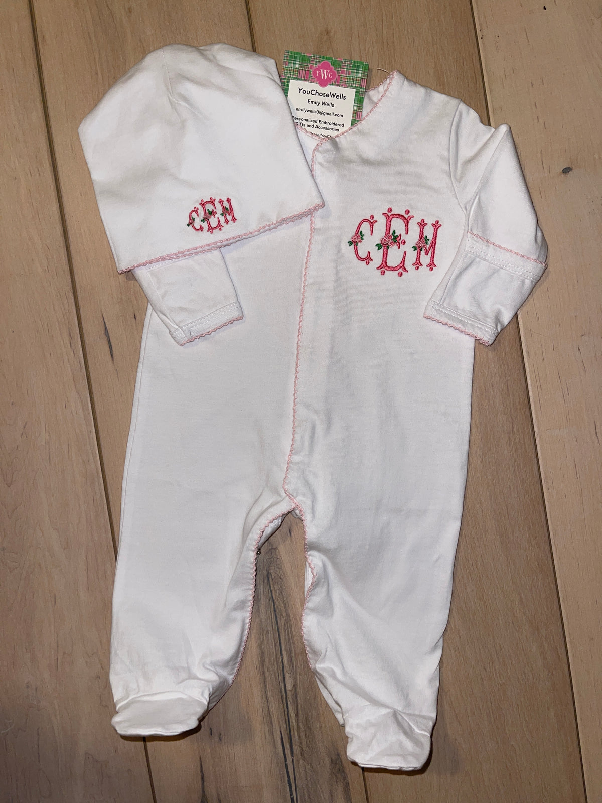 Custom Embroidered, Personalized, Monogrammed Picot Baby Footie, Bib, Burp, Hat, and Blanket