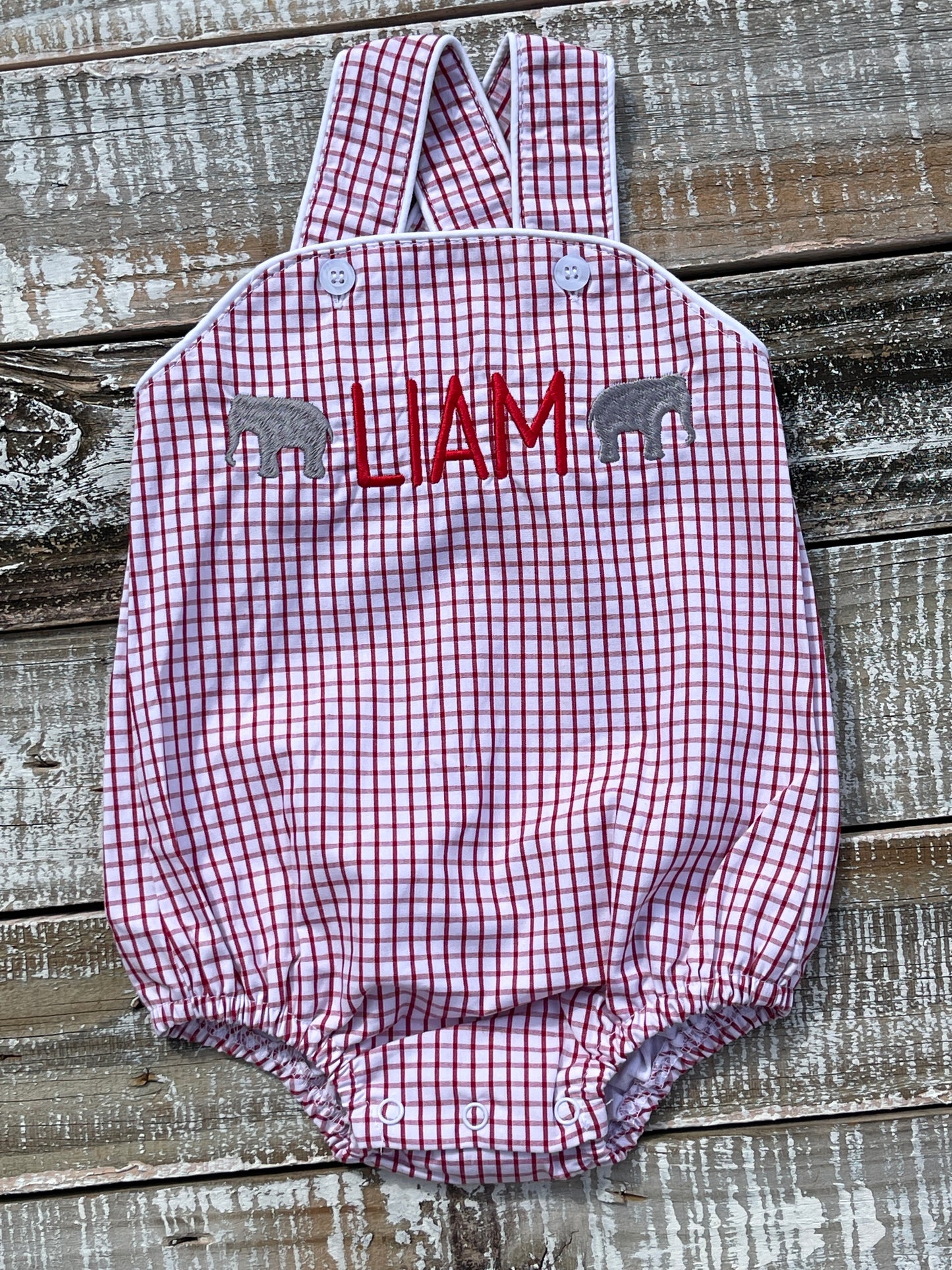 Custom Embroidered, Monogrammed Elephant Windowpane Bubble, Polo Shirt and Short Set, and Polo Shirt and Bloomer Set