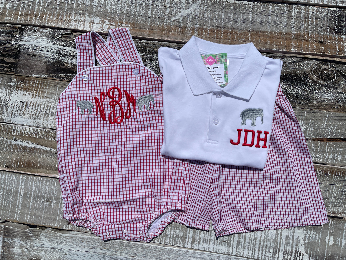 Custom Embroidered, Monogrammed Elephant Windowpane Bubble, Polo Shirt and Short Set, and Polo Shirt and Bloomer Set