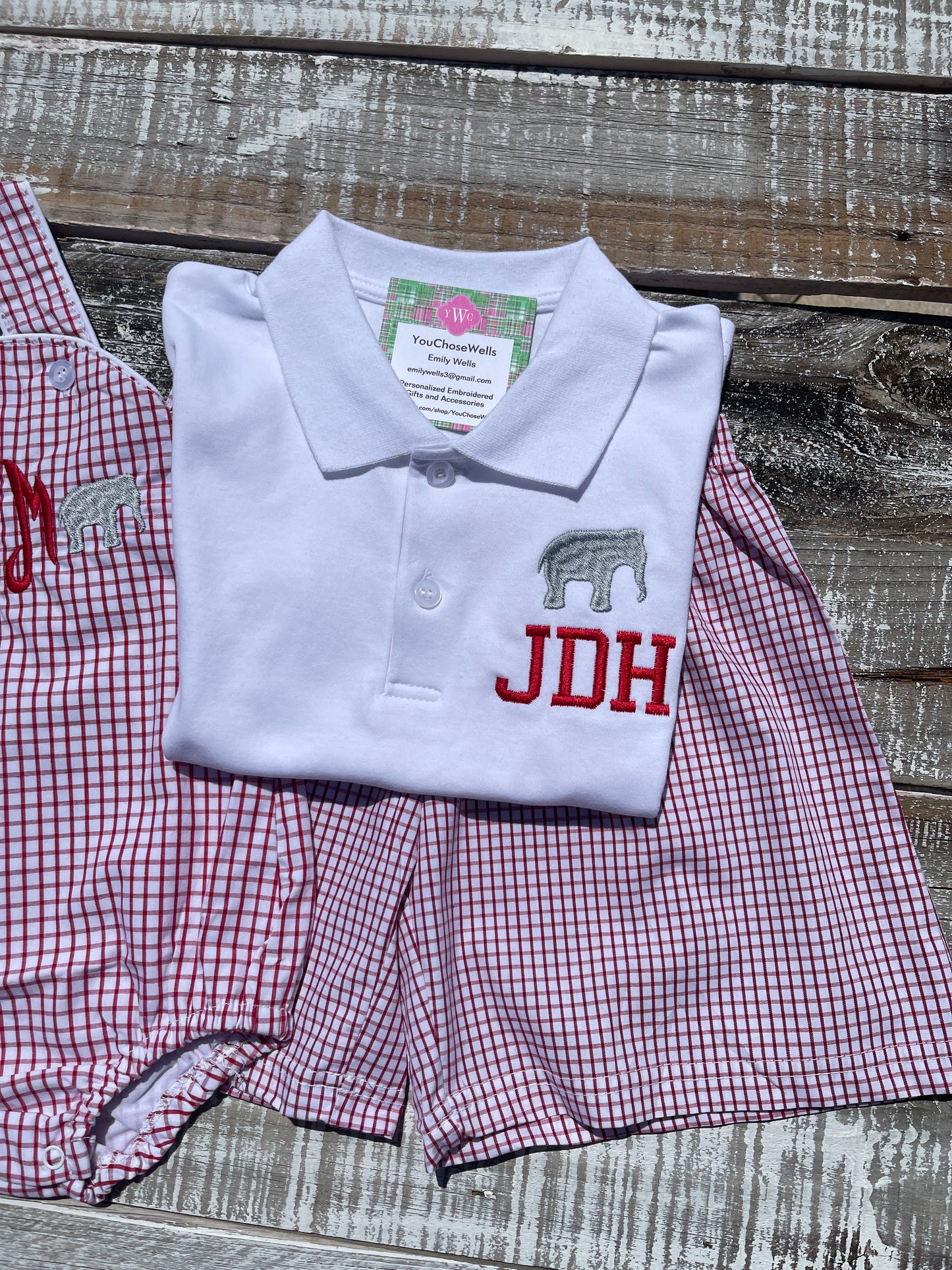 Custom Embroidered, Monogrammed Elephant Windowpane Bubble, Polo Shirt and Short Set, and Polo Shirt and Bloomer Set