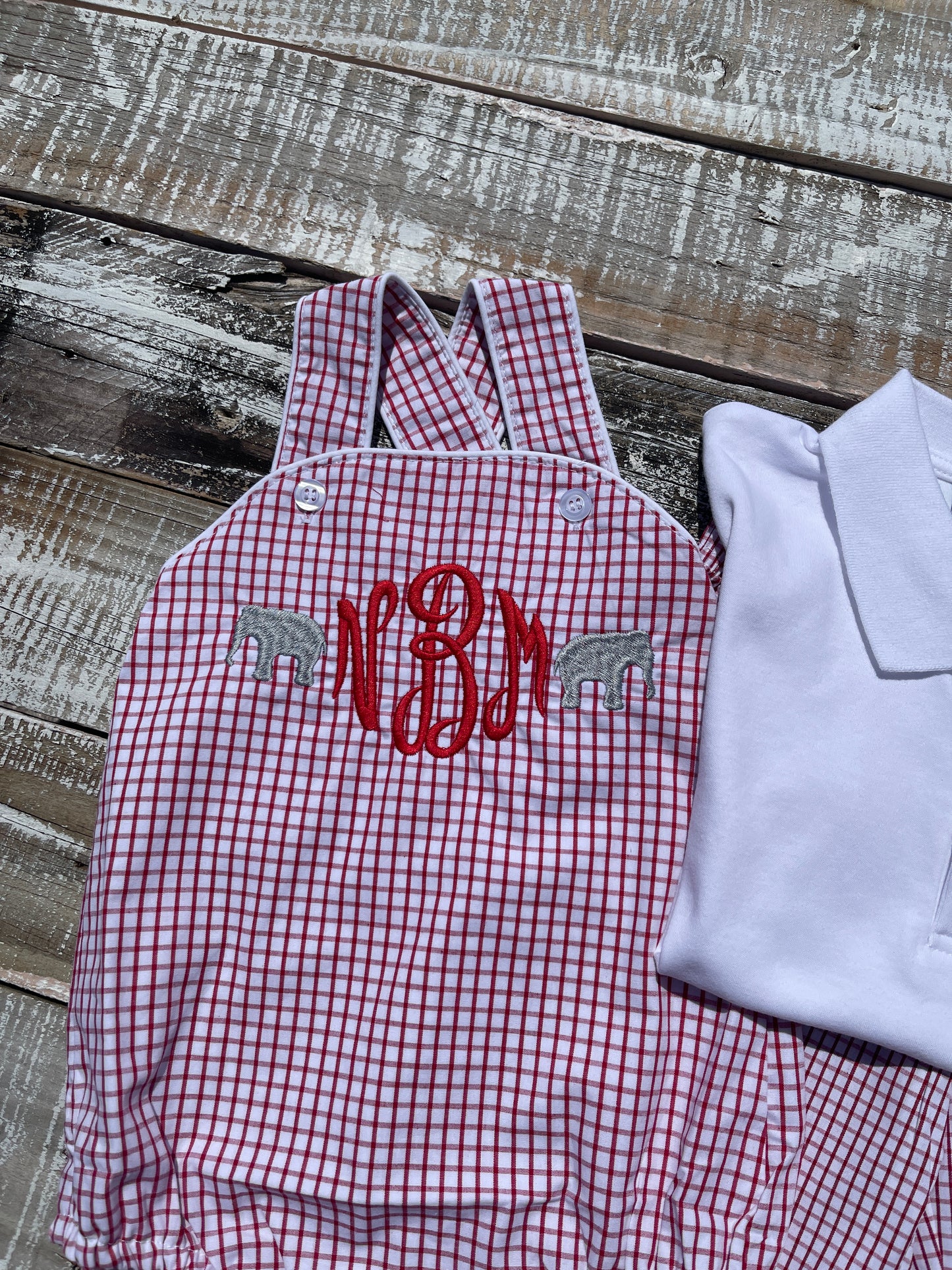 Custom Embroidered, Monogrammed Elephant Windowpane Bubble, Polo Shirt and Short Set, and Polo Shirt and Bloomer Set