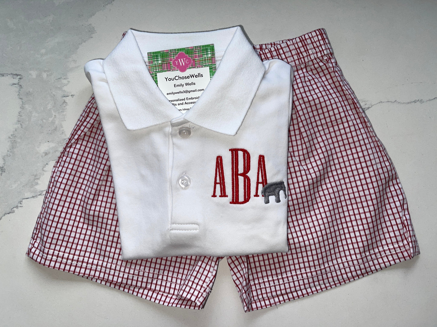 Custom Embroidered, Monogrammed Elephant Windowpane Bubble, Polo Shirt and Short Set, and Polo Shirt and Bloomer Set