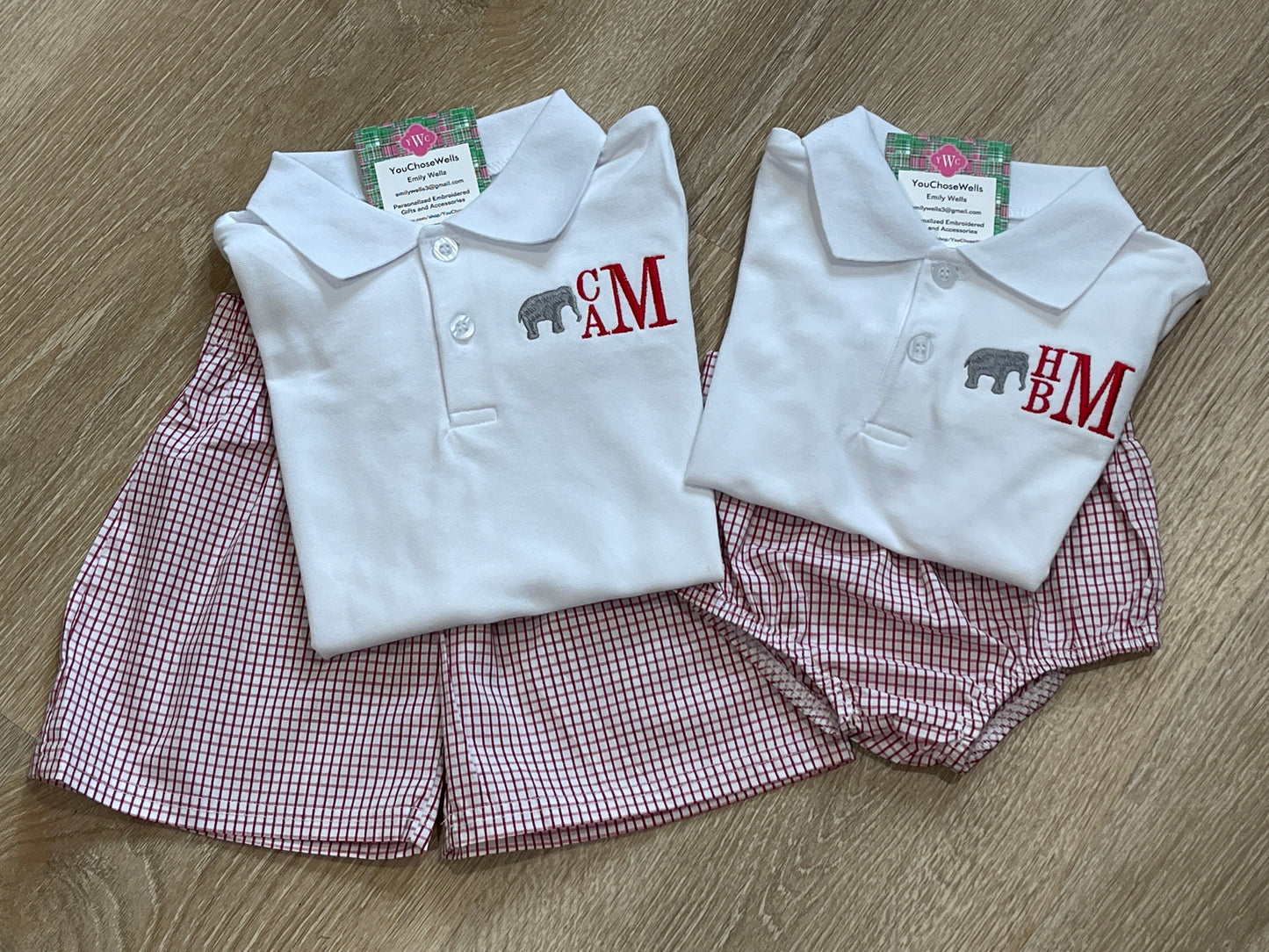 Custom Embroidered, Monogrammed Elephant Windowpane Bubble, Polo Shirt and Short Set, and Polo Shirt and Bloomer Set
