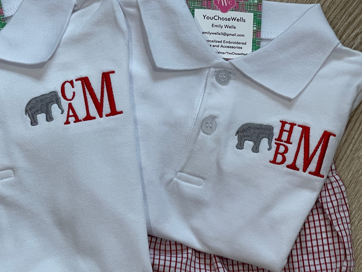 Custom Embroidered, Monogrammed Elephant Windowpane Bubble, Polo Shirt and Short Set, and Polo Shirt and Bloomer Set