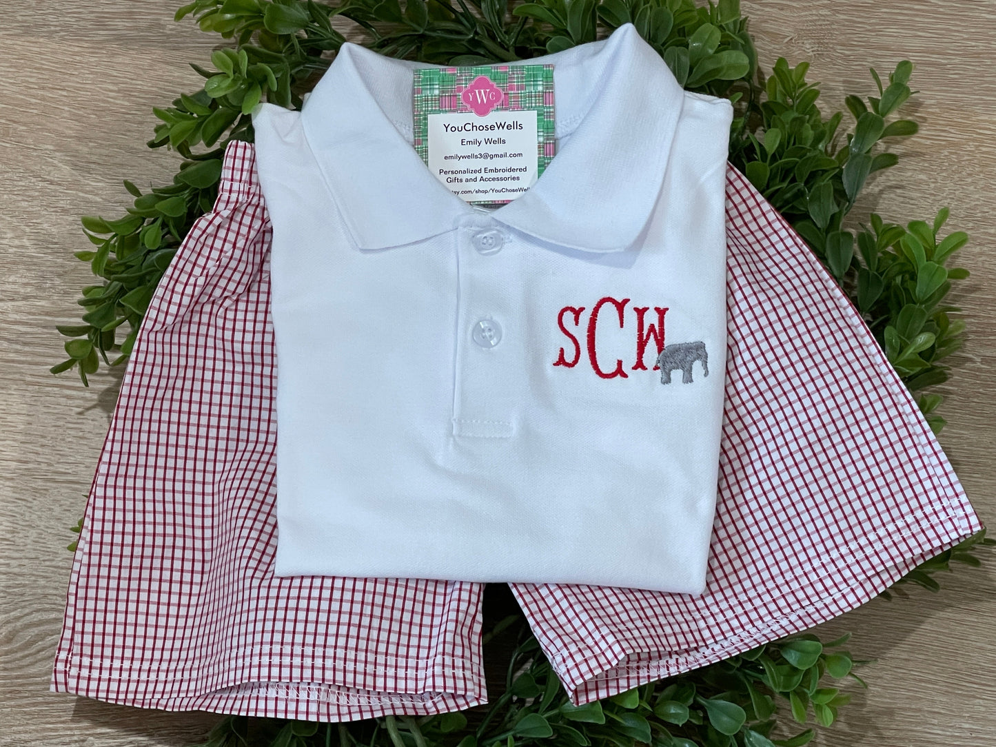Custom Embroidered, Monogrammed Elephant Windowpane Bubble, Polo Shirt and Short Set, and Polo Shirt and Bloomer Set