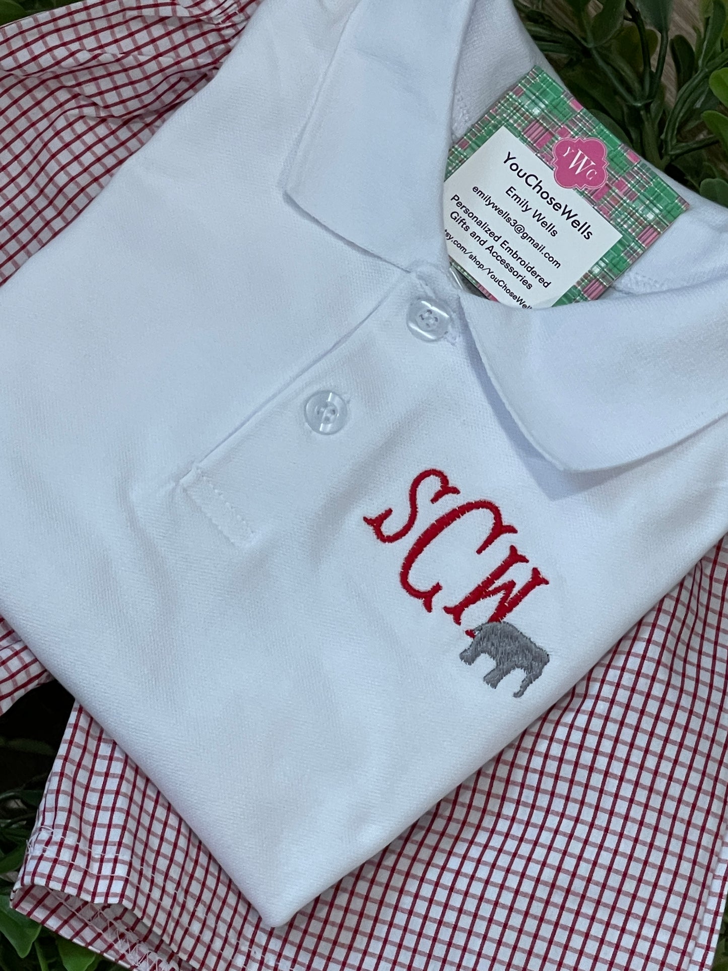 Custom Embroidered, Monogrammed Elephant Windowpane Bubble, Polo Shirt and Short Set, and Polo Shirt and Bloomer Set