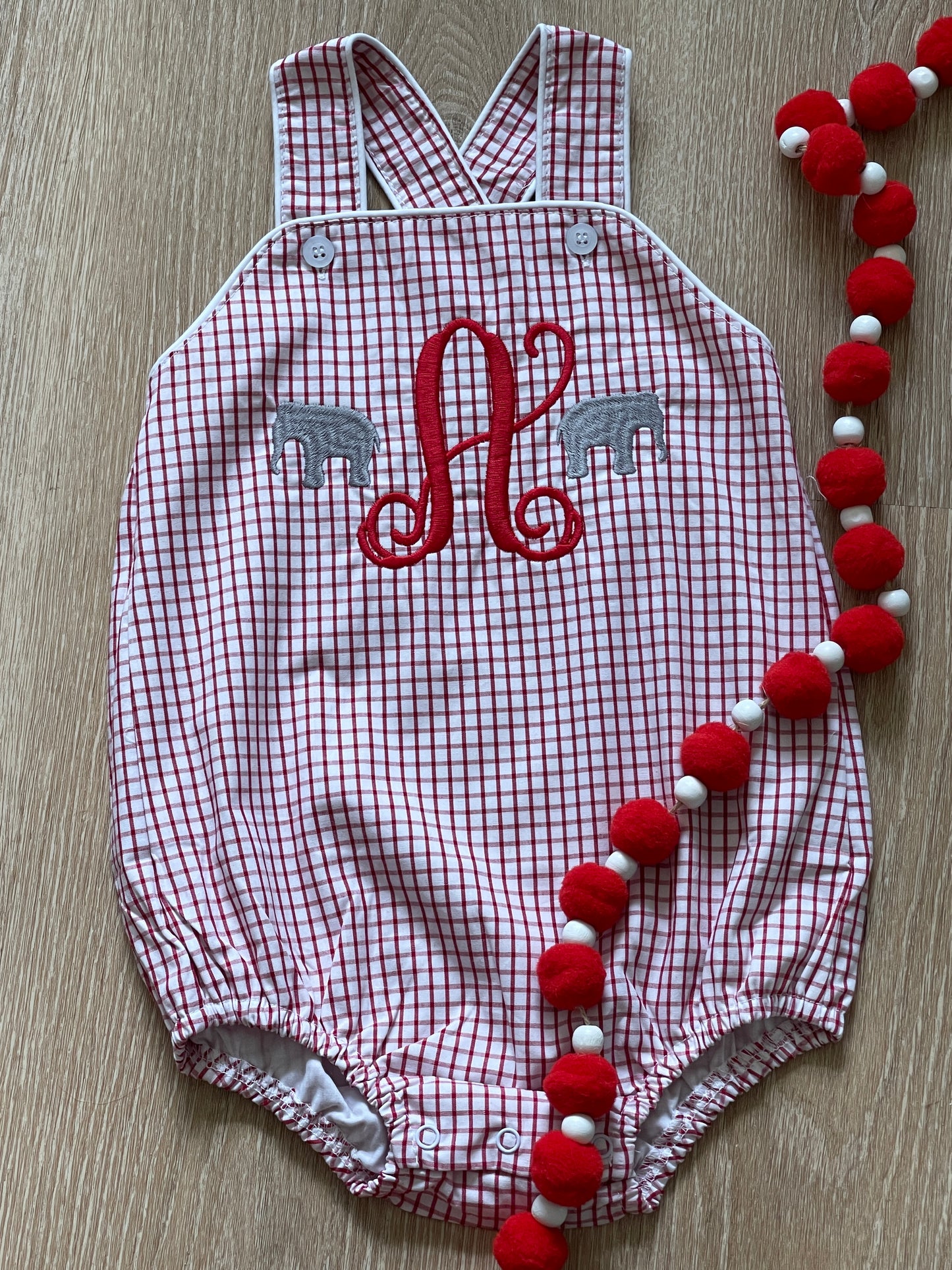 Custom Embroidered, Monogrammed Elephant Windowpane Bubble, Polo Shirt and Short Set, and Polo Shirt and Bloomer Set