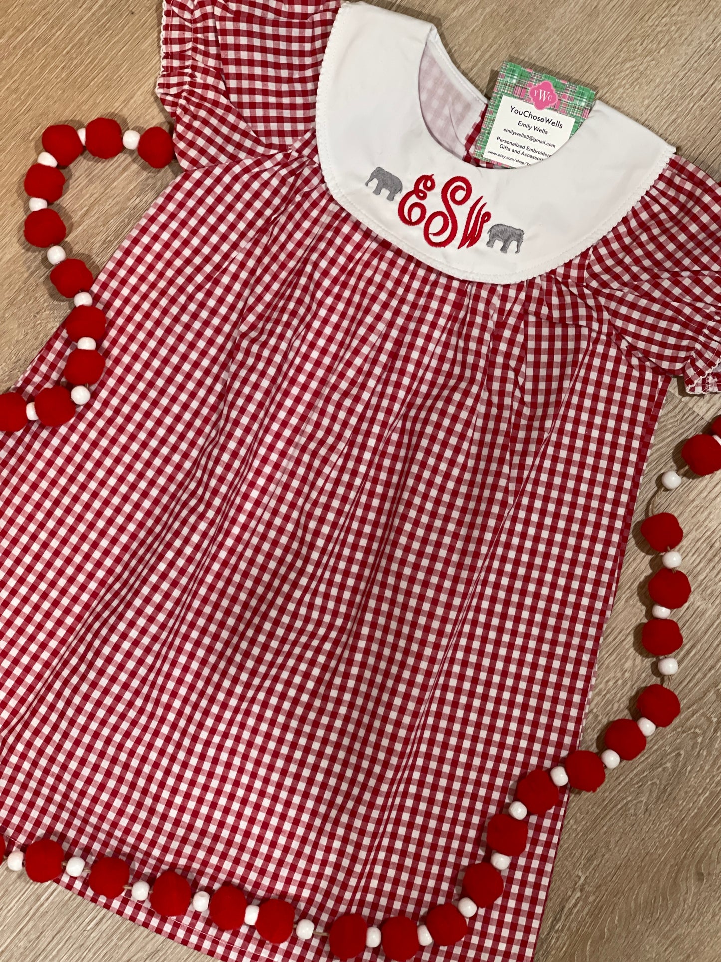 Girl, Monogrammed Alabama Dress, Bishop Dress, University of Alabama Dress, Alabama Girl, Game Day Outfit, Roll Tide, Red Gingham Dress