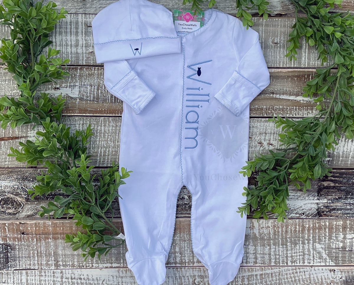 Custom Embroidered, Personalized, Monogrammed Picot Baby Footie, Bib, Burp, Hat, and Blanket