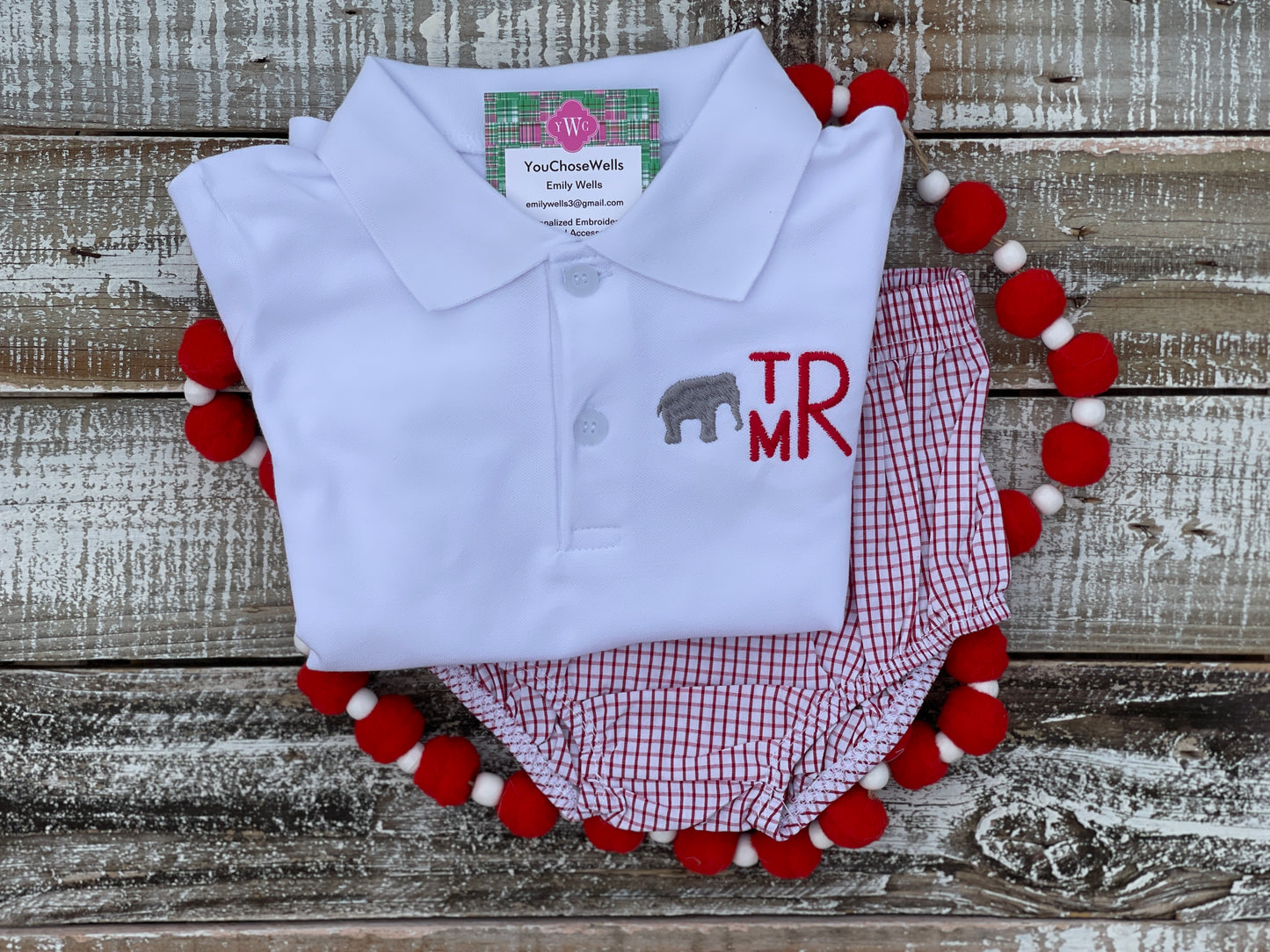 Custom Embroidered, Monogrammed Elephant Windowpane Bubble, Polo Shirt and Short Set, and Polo Shirt and Bloomer Set