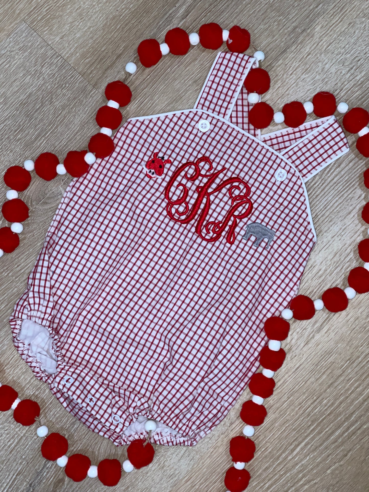 Custom Embroidered, Monogrammed Elephant Windowpane Bubble, Polo Shirt and Short Set, and Polo Shirt and Bloomer Set
