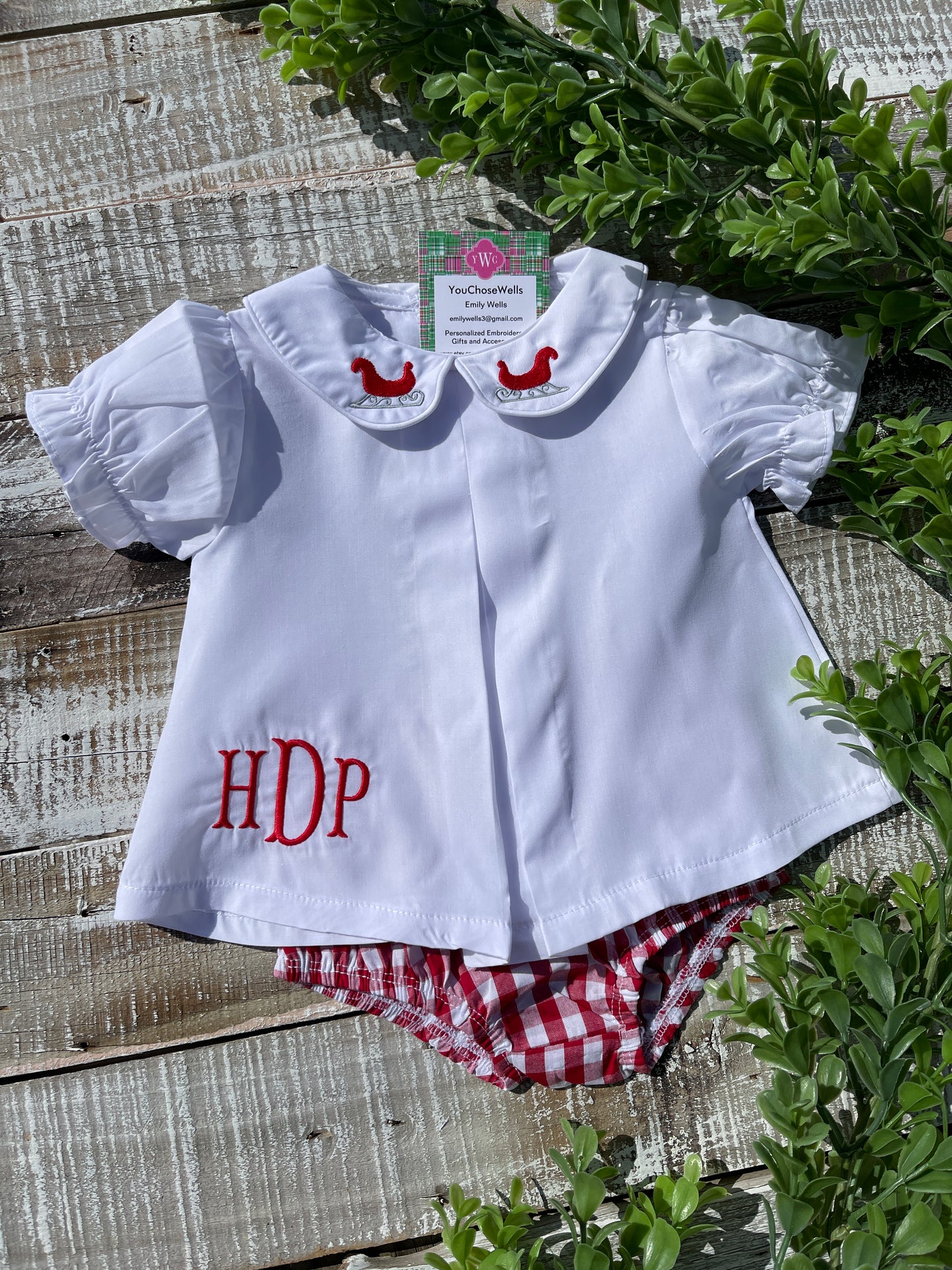 Custom Embroidered, Monogrammed, Personalized Hem, Christmas Mini Pleated Peter Pan Collar Shirt and Diaper Cover Set