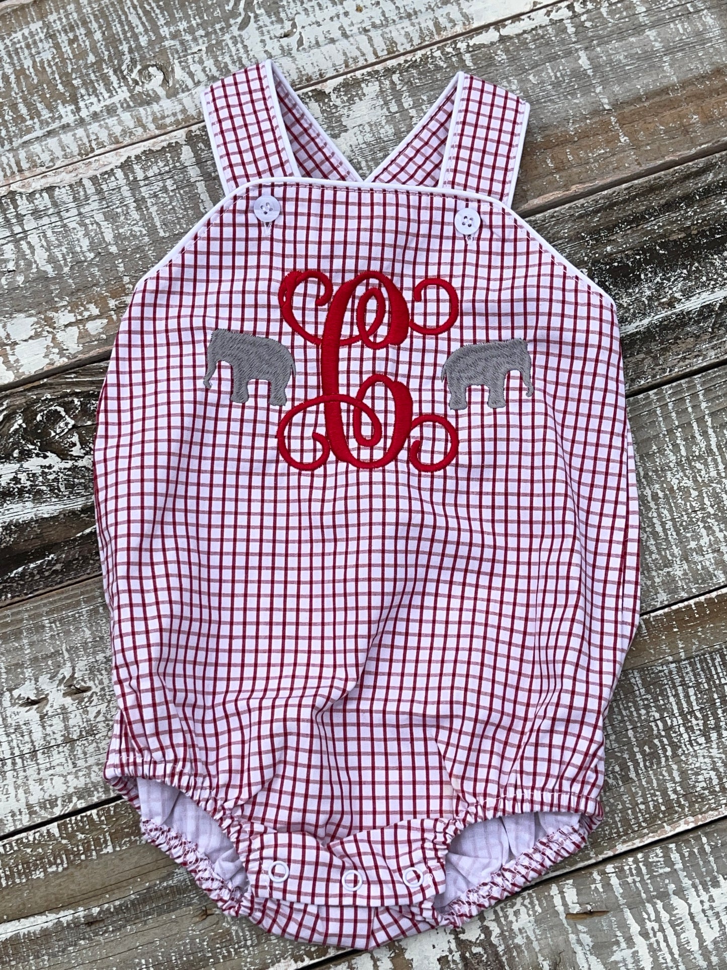 Custom Embroidered, Monogrammed Elephant Windowpane Bubble, Polo Shirt and Short Set, and Polo Shirt and Bloomer Set