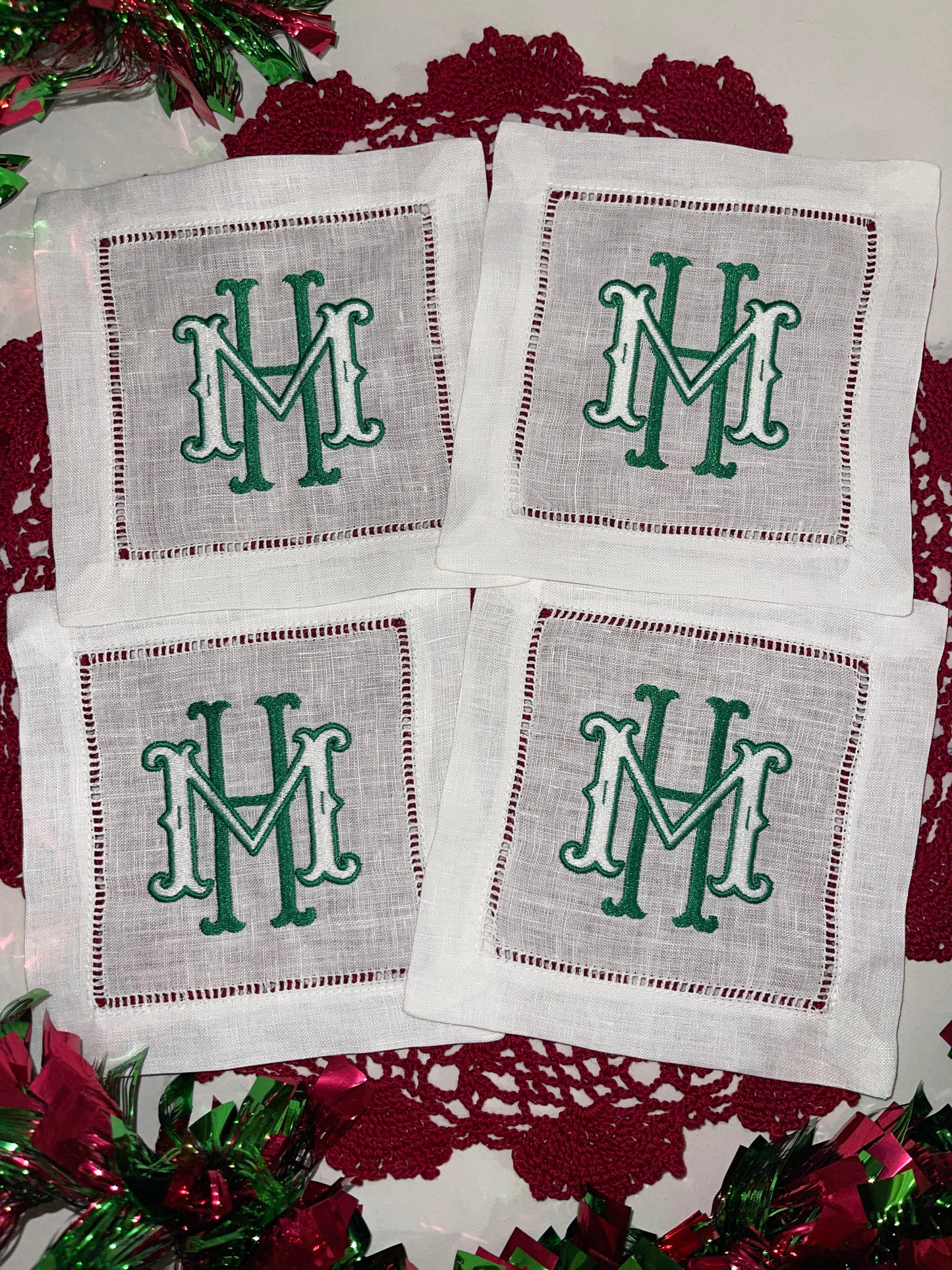 Custom Embroidered, Personalized, Monogrammed Linen Hemstitch Cocktail Napkins Set of 4