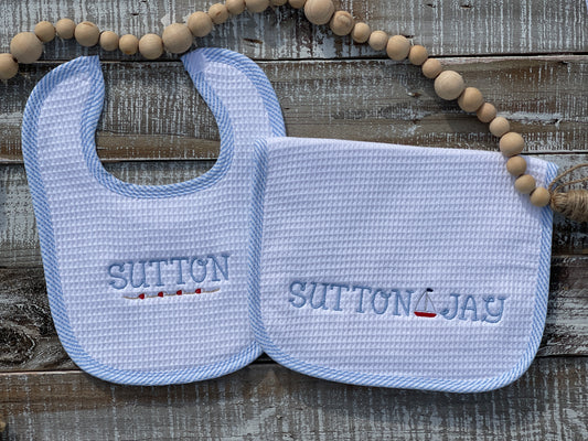 Custom Embroidered, Personalized, Monogrammed Bib, Burp, and/or Blanket Set