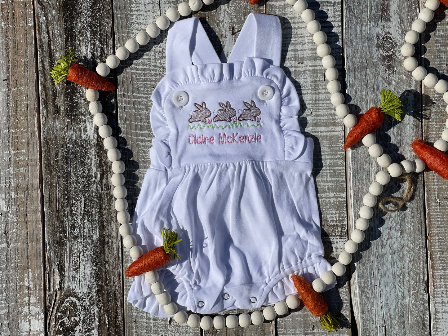 Custom Embroidered, Monogrammed, Personalized Bunny Running Trio Sketch Ruffle Pink, White, or Blue Bubble