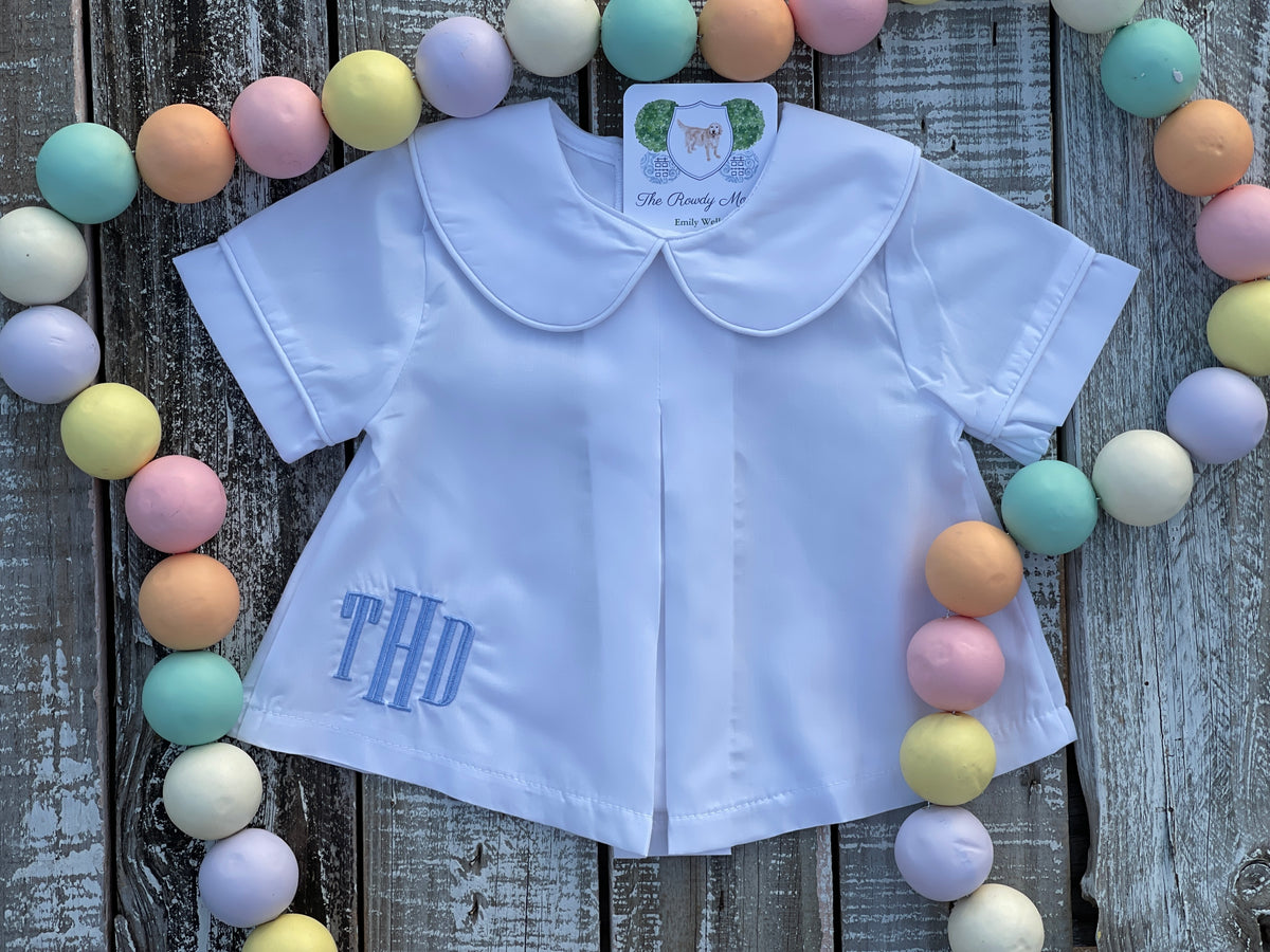 Custom Embroidered, Monogrammed, Personalized Spring Mini Pleated Peter Pan Collar Shirt and Diaper Cover Set