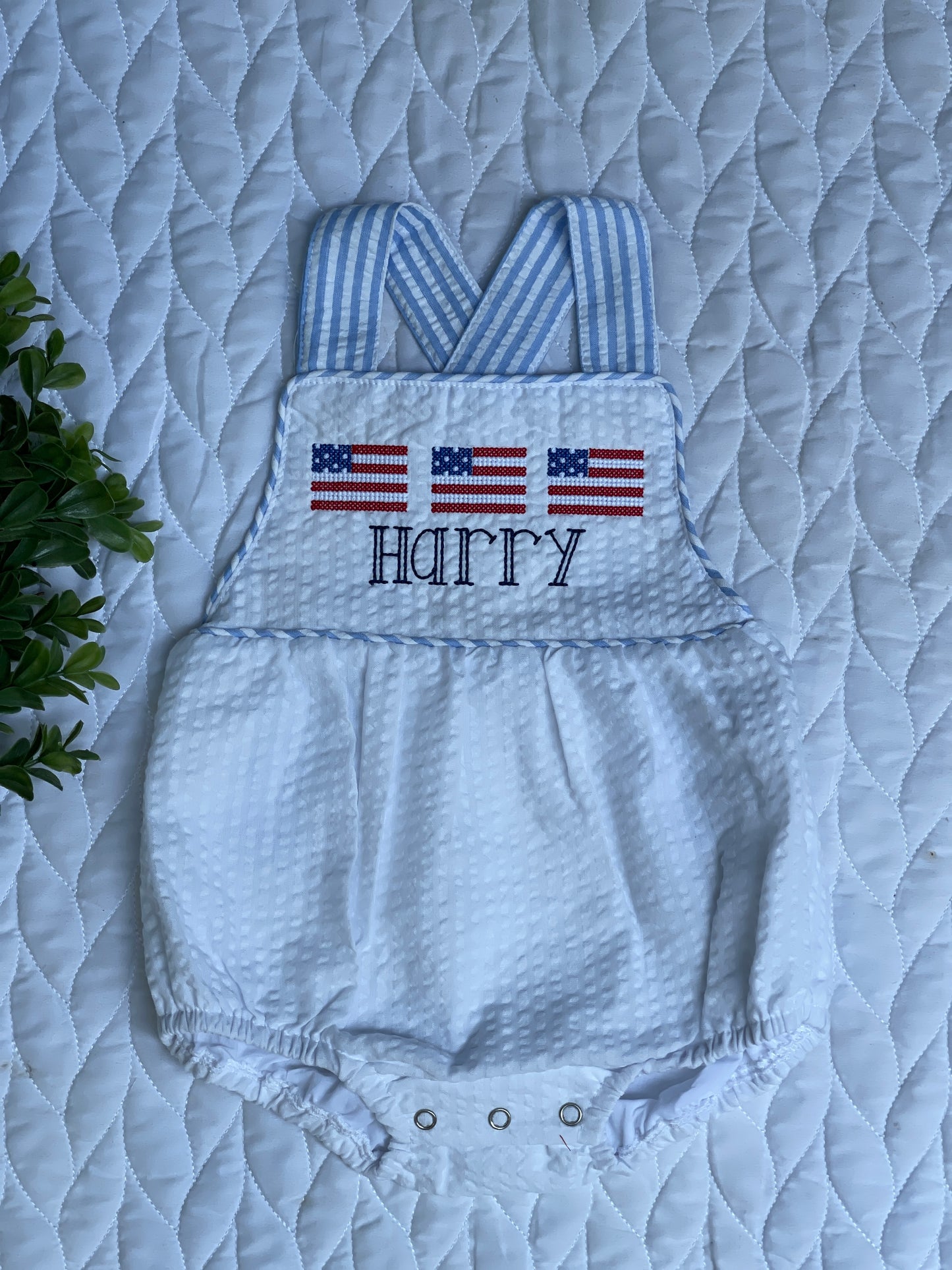 Custom Embroidered, Monogrammed, Personalized American Flag Cross Stitch Trio Seersucker Bubble with Seersucker Trim