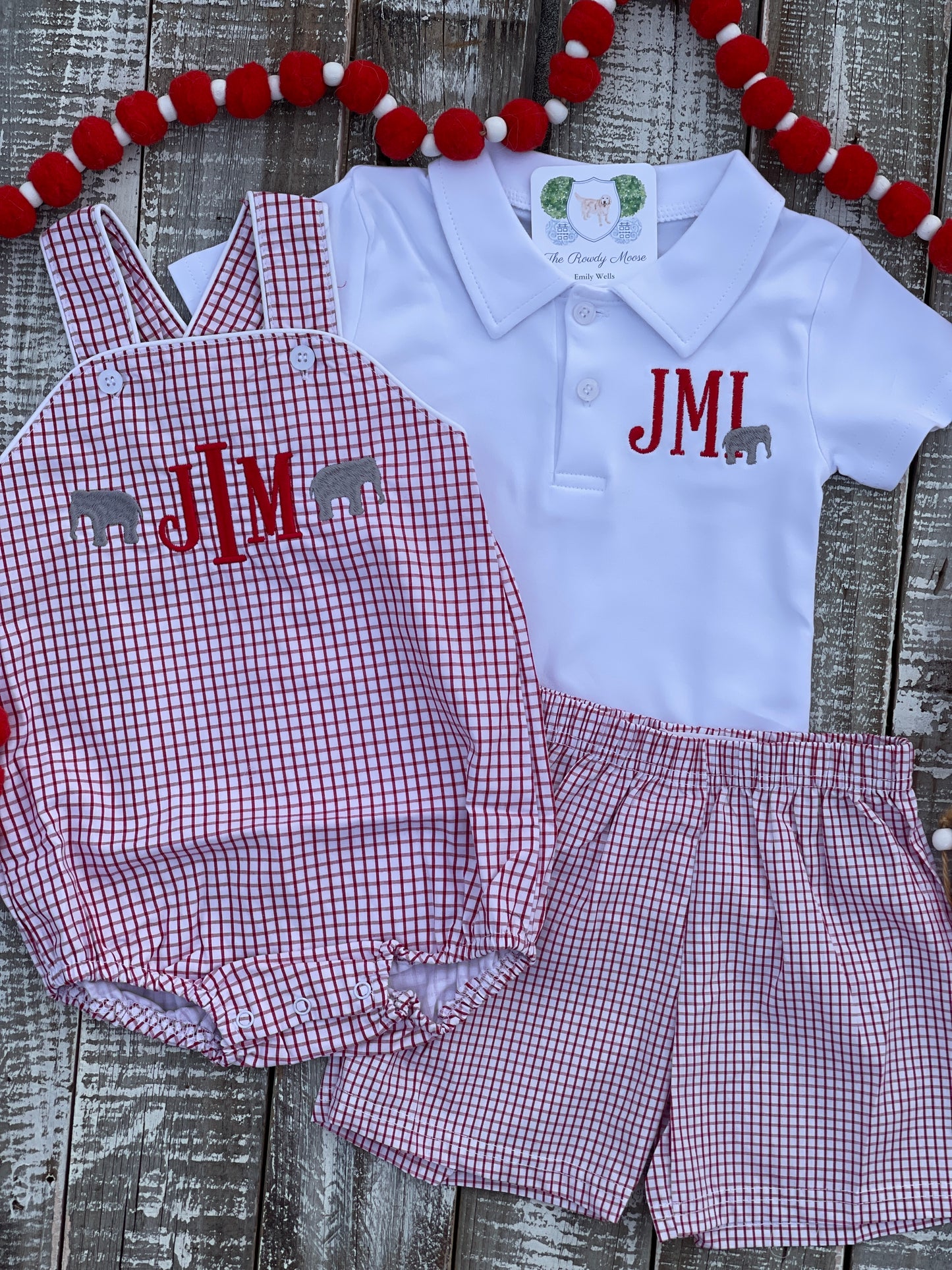 Custom Embroidered, Monogrammed Elephant Windowpane Bubble, Polo Shirt and Short Set, and Polo Shirt and Bloomer Set