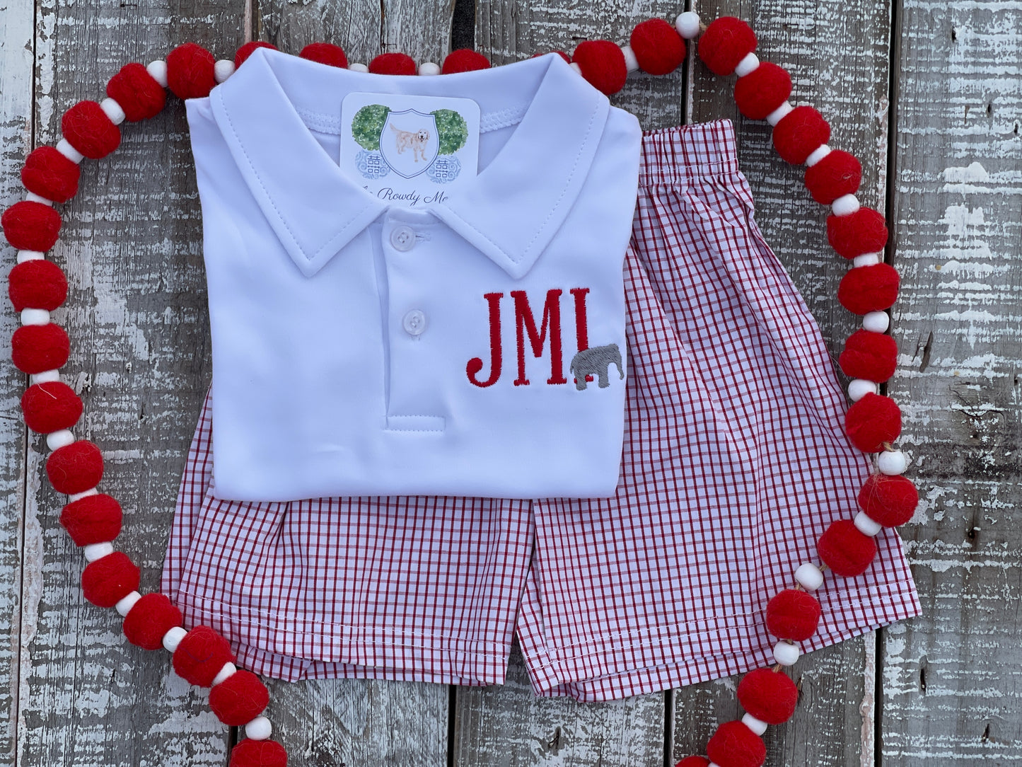 Custom Embroidered, Monogrammed Elephant Windowpane Bubble, Polo Shirt and Short Set, and Polo Shirt and Bloomer Set