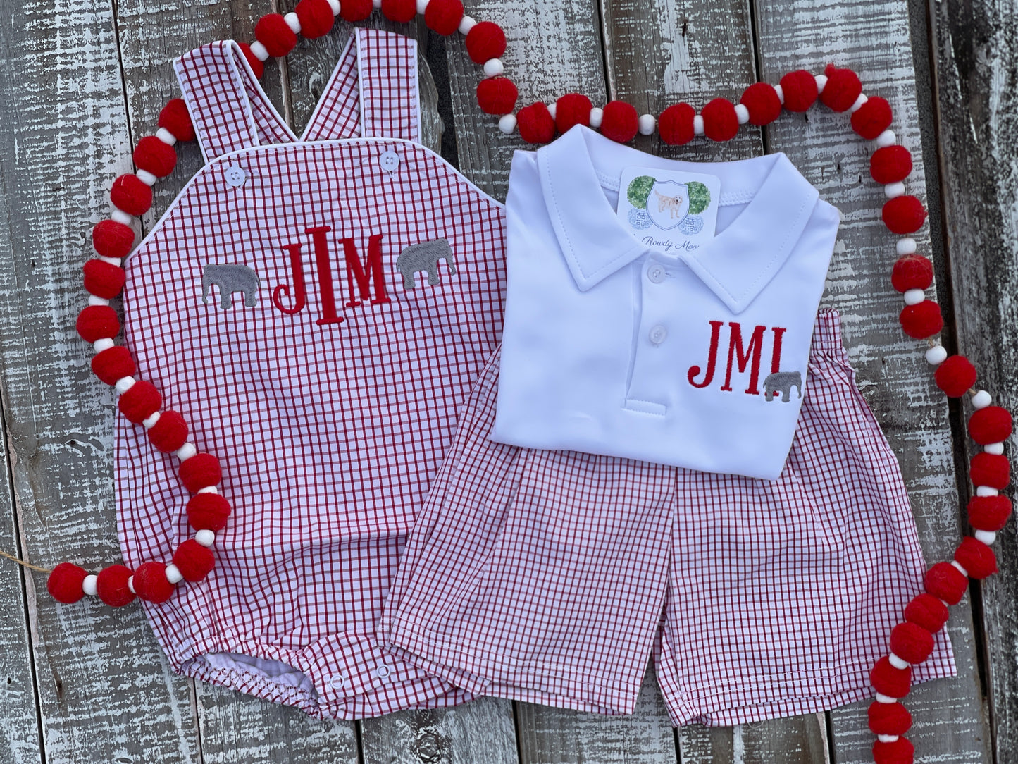 Custom Embroidered, Monogrammed Elephant Windowpane Bubble, Polo Shirt and Short Set, and Polo Shirt and Bloomer Set