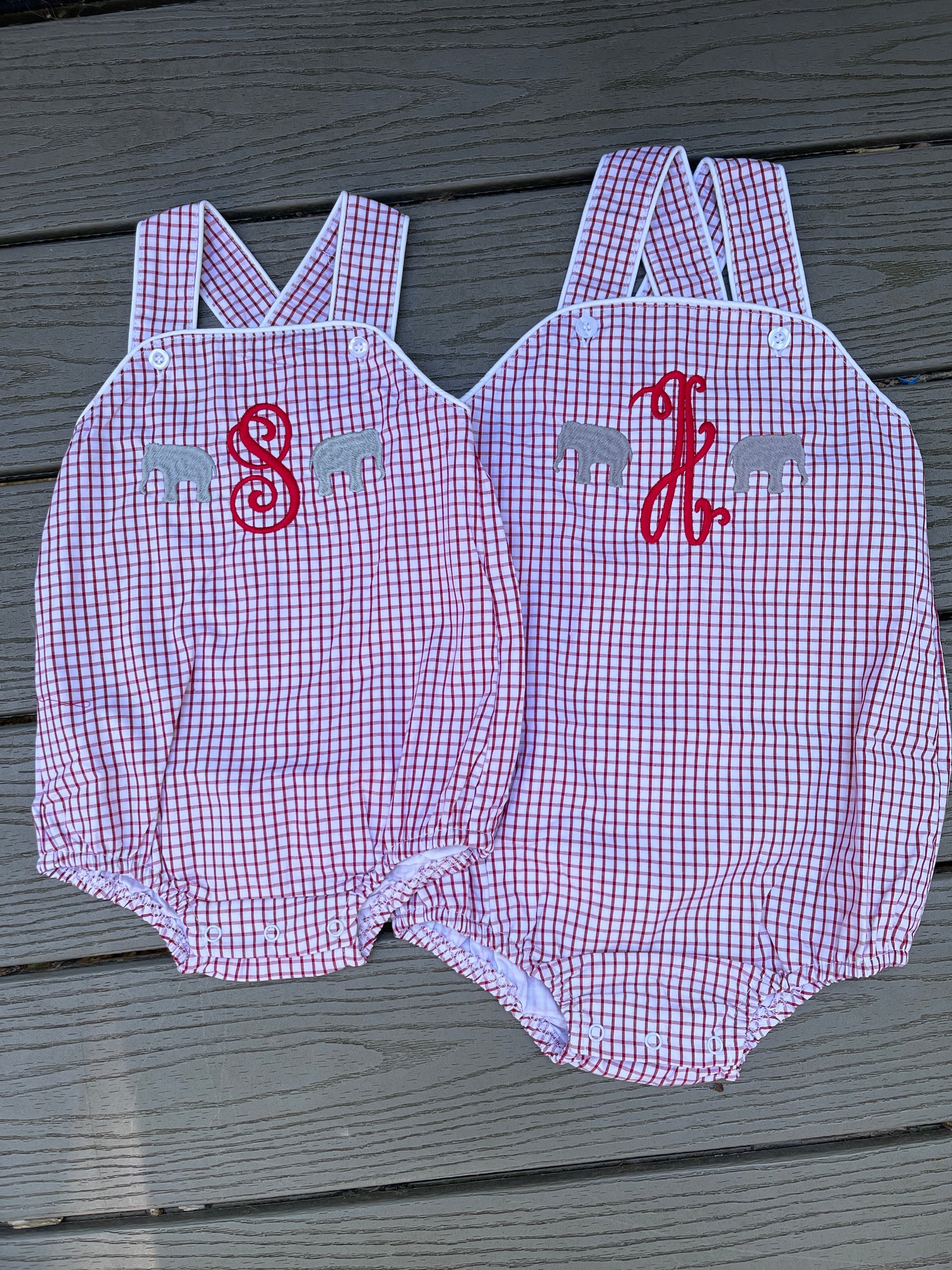 Custom Embroidered, Monogrammed Elephant Windowpane Bubble, Polo Shirt and Short Set, and Polo Shirt and Bloomer Set