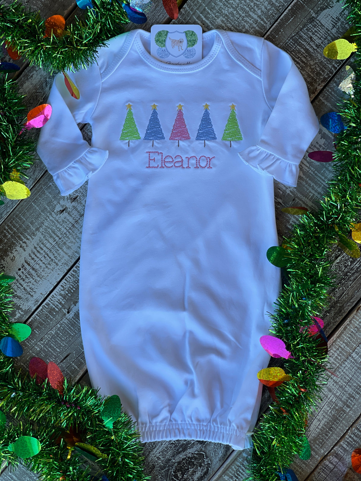 Embroidered Sketch Christmas Trees in a Row Ruffle Gown, Onesie, or Romper