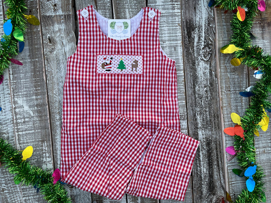 Custom Embroidered, Santa, Tree, Reindeer Trio Applique Red Gingham Jumper Dress, Longall, Shirt, Shirt & Pant Set