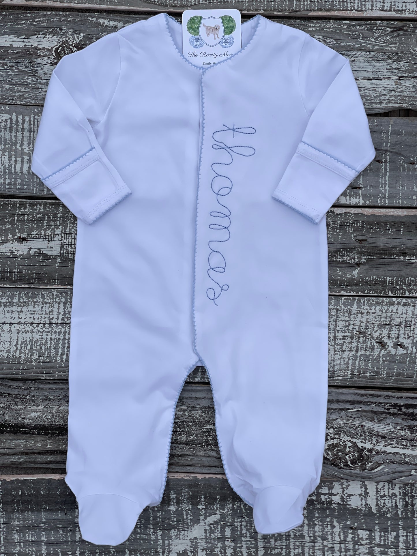 Custom Embroidered, Personalized, Monogrammed Picot Baby Footie, Bib, Burp, Hat, and Blanket