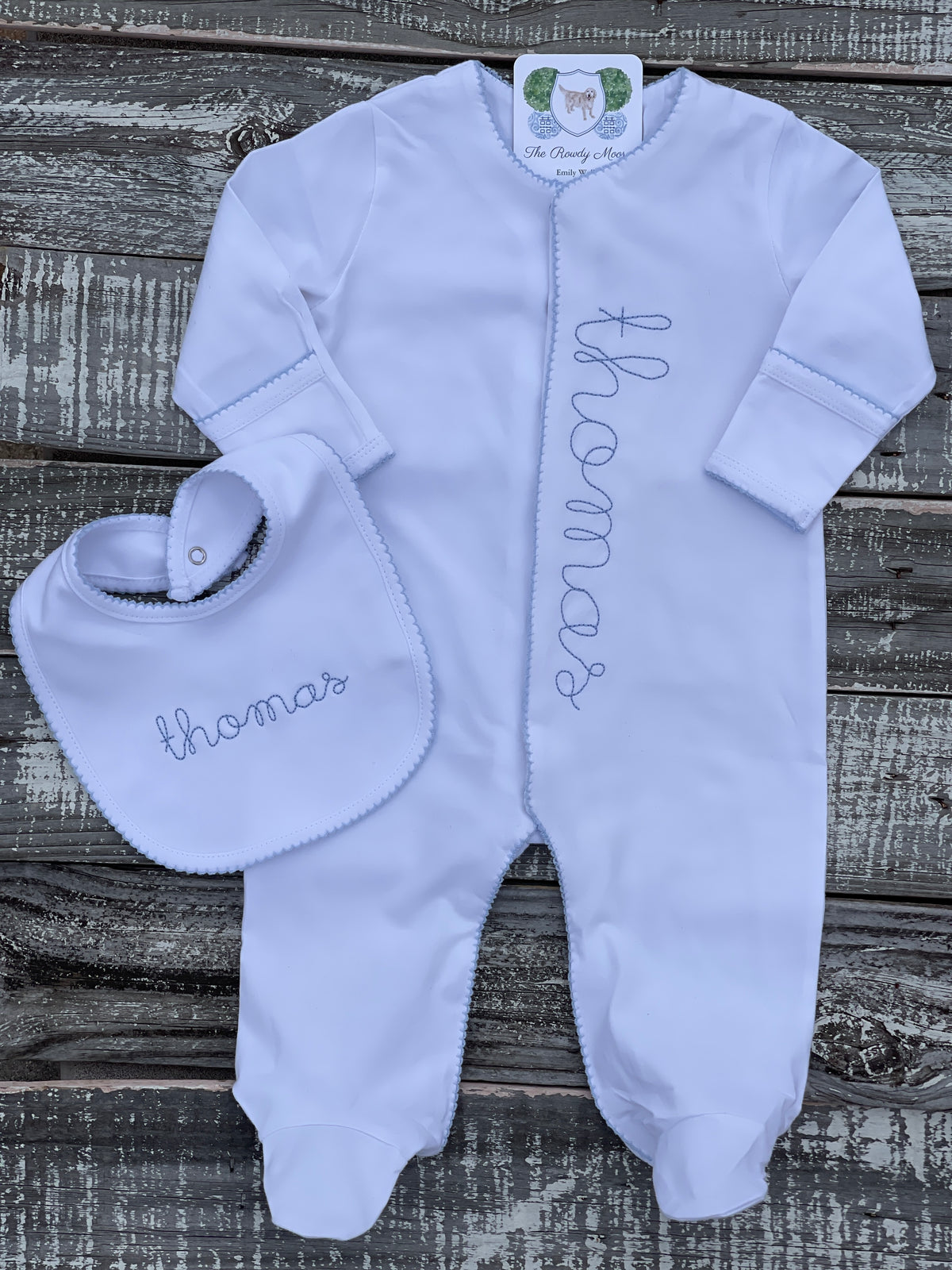Custom Embroidered, Personalized, Monogrammed Picot Baby Footie, Bib, Burp, Hat, and Blanket