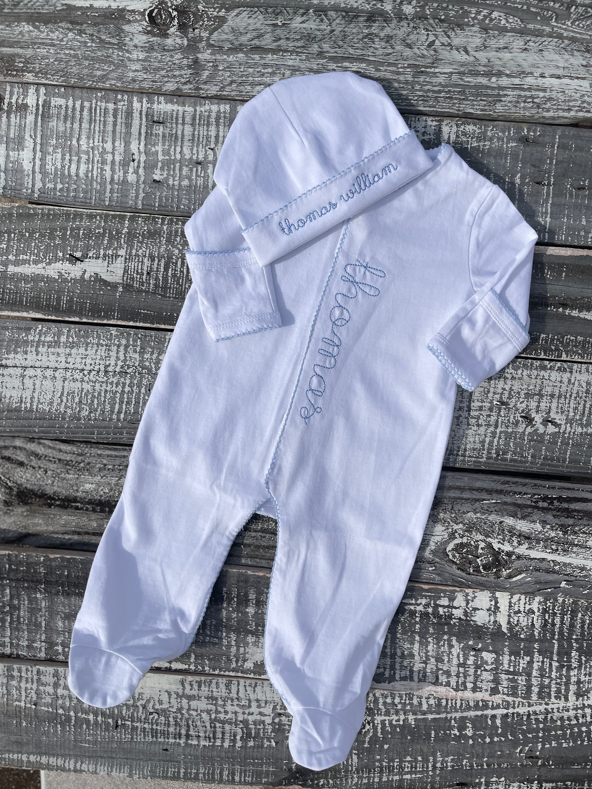 Custom Embroidered, Personalized, Monogrammed Picot Baby Footie, Bib, Burp, Hat, and Blanket