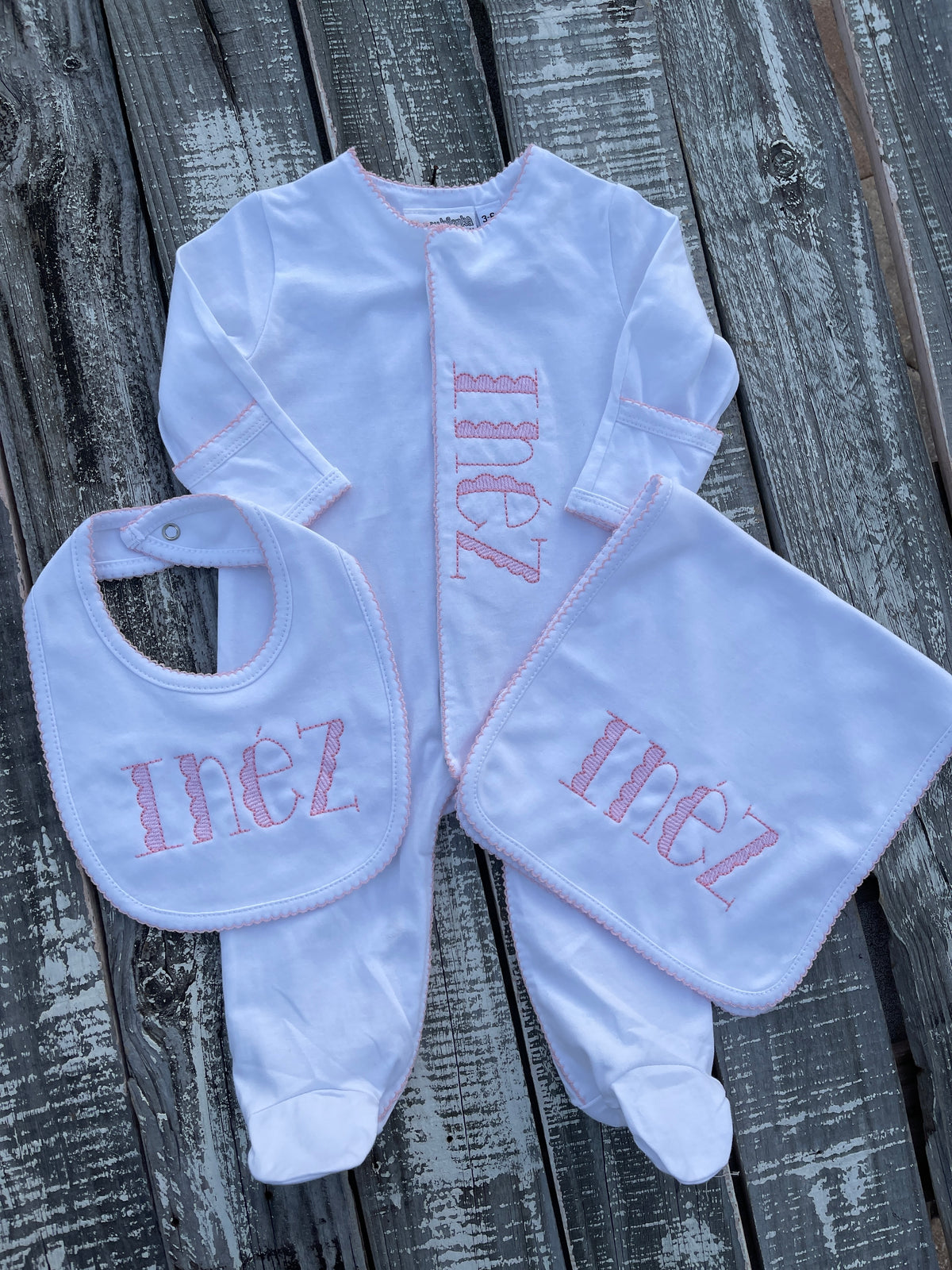Custom Embroidered, Personalized, Monogrammed Picot Baby Footie, Bib, Burp, Hat, and Blanket