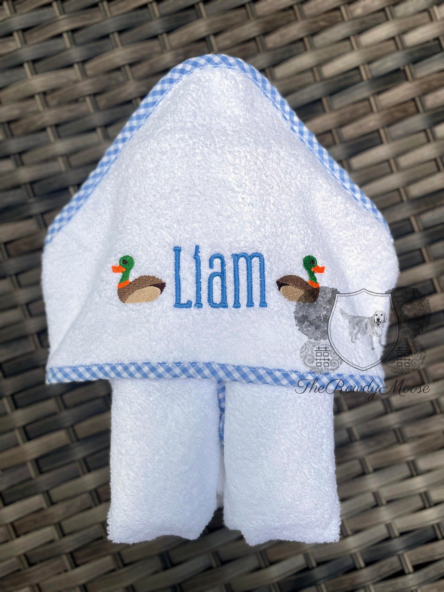 Baby Boy, Baby Girl Monogrammed Gingham Trim Hooded Towel, Custom, Personalized Bath Towel, Gingham Towel, Swim Towel, Baby Hooded Towel