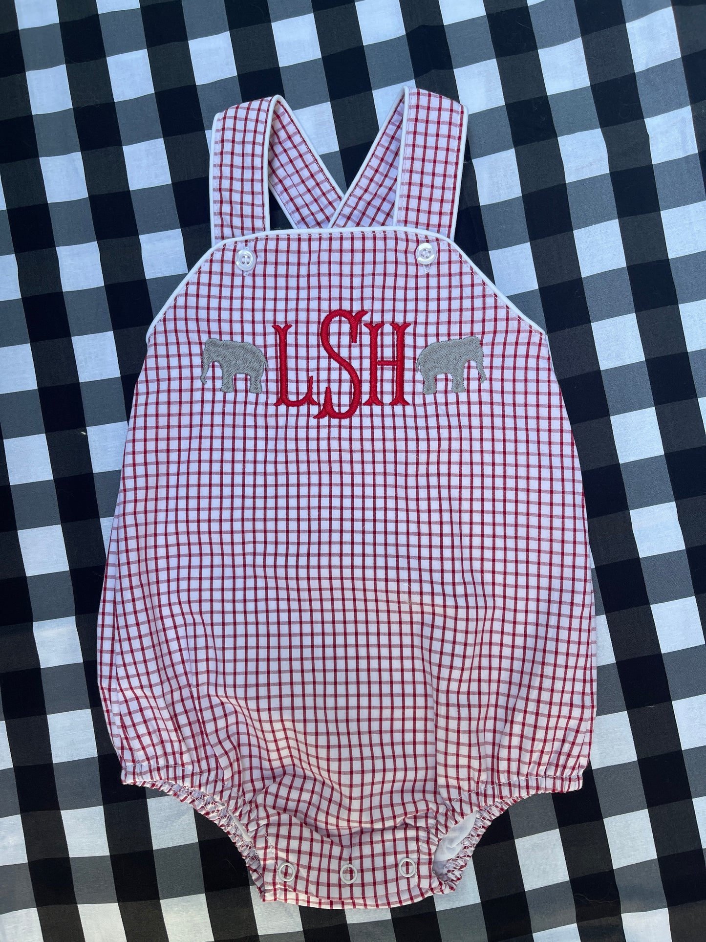 Custom Embroidered, Monogrammed Elephant Windowpane Bubble, Polo Shirt and Short Set, and Polo Shirt and Bloomer Set