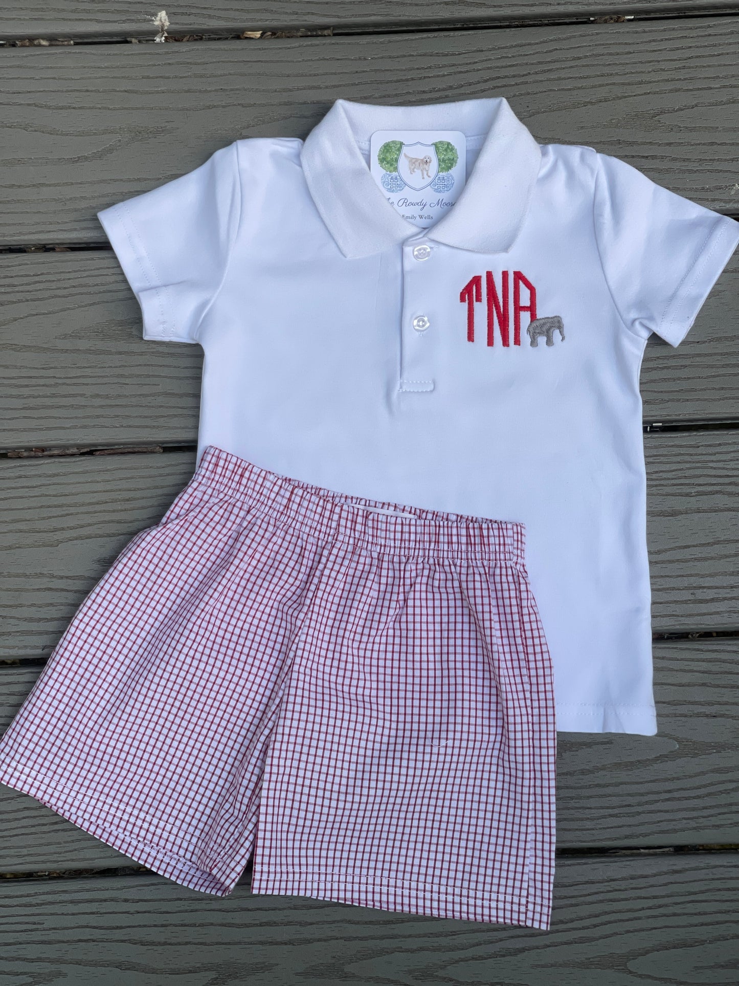 Custom Embroidered, Monogrammed Elephant Windowpane Bubble, Polo Shirt and Short Set, and Polo Shirt and Bloomer Set