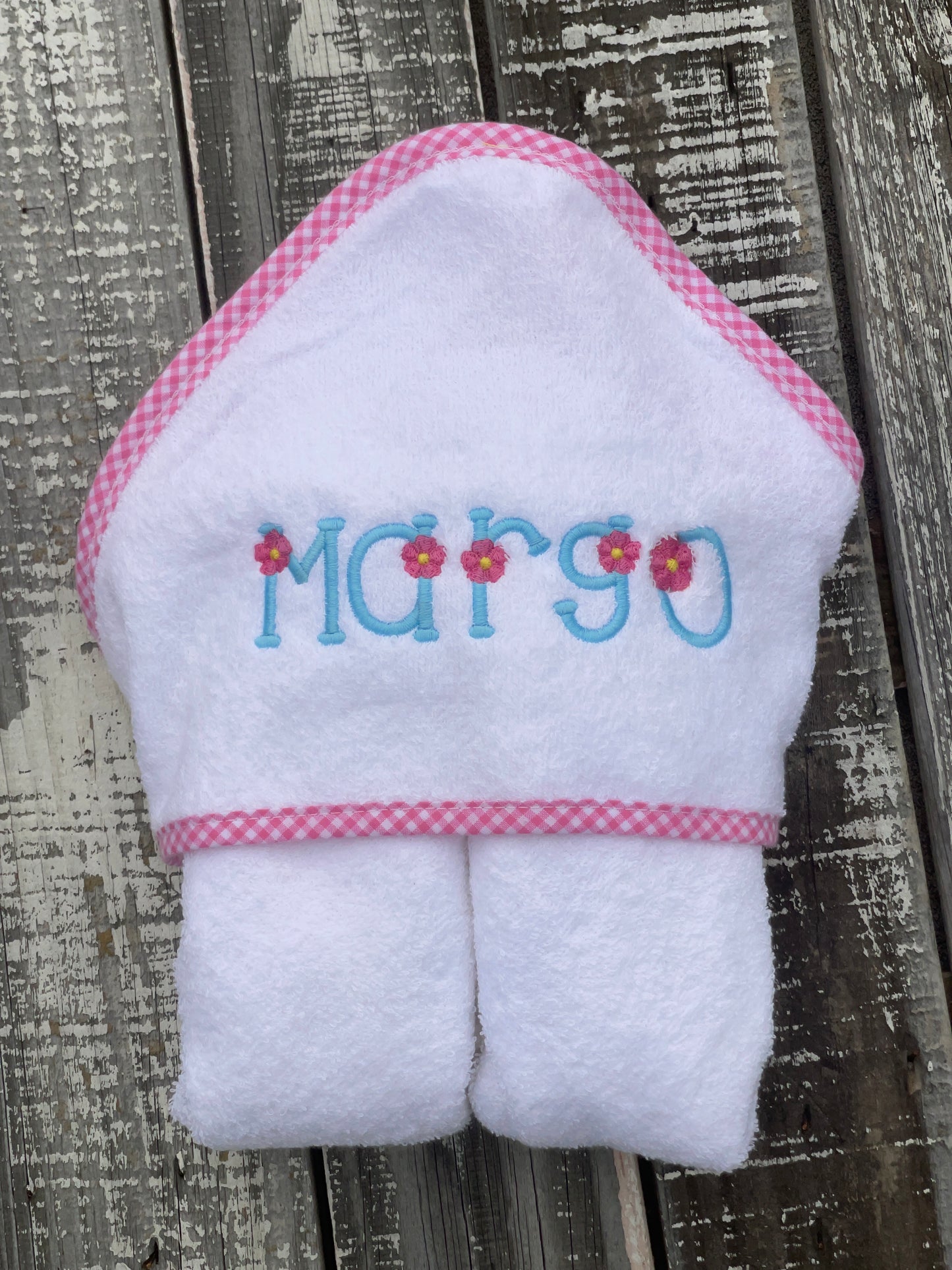 Baby Boy, Baby Girl Monogrammed Gingham Trim Hooded Towel, Custom, Personalized Bath Towel, Gingham Towel, Swim Towel, Baby Hooded Towel