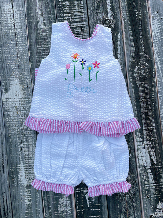 Custom Embroidered, Personalized, Monogrammed Wildflower Ruffle Seersucker Swing Set