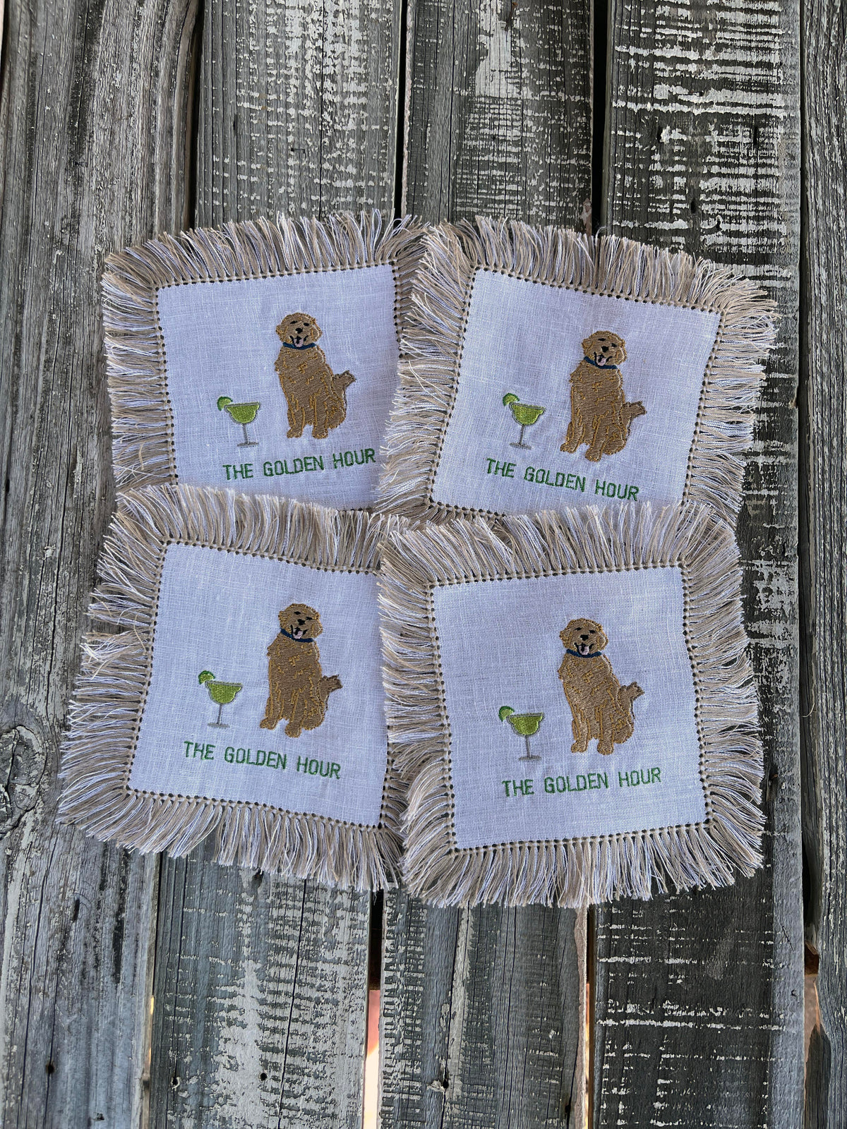 Custom Embroidered, Personalized, "The Golden Hour" Fringe Linen Cocktail Napkin Set of 4
