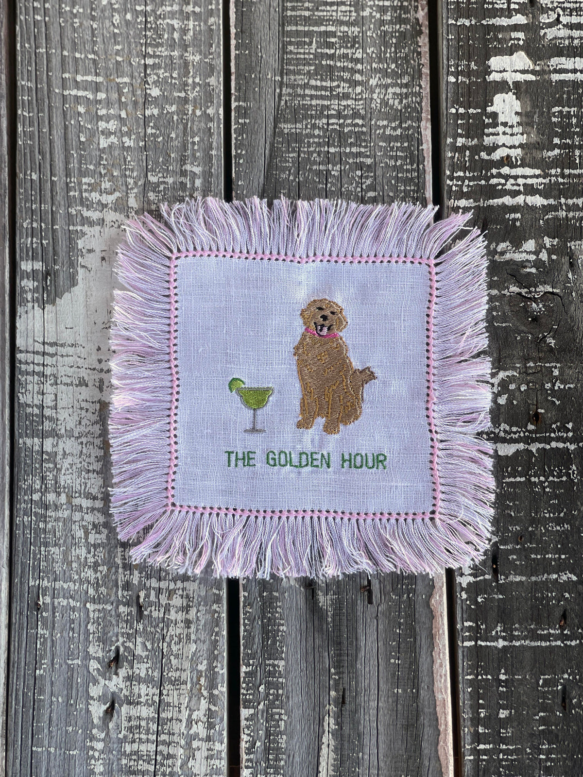 Custom Embroidered, Personalized, "The Golden Hour" Fringe Linen Cocktail Napkin Set of 4