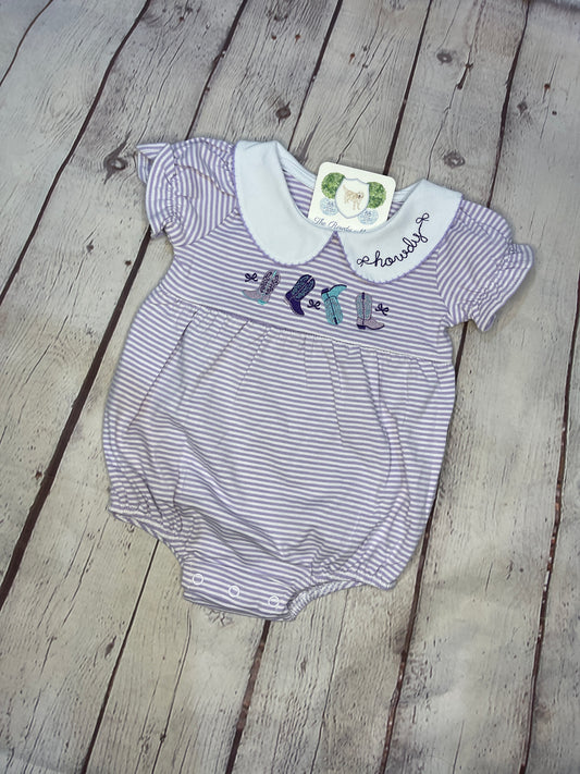 Custom Embroidered, Personalized, Monogrammed Cowboy Boots Ruffle Knit Striped Peter Pan Collar Bubble or Dress